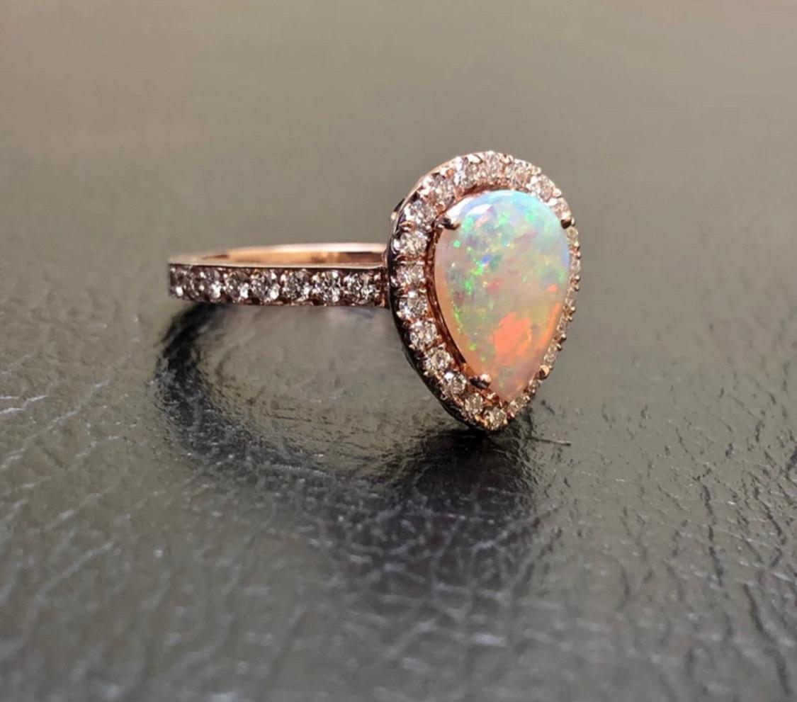 Art Deco Handmade 18K Rose Gold Halo Diamond Australian Pear Shape Opal Engagement Ring For Sale