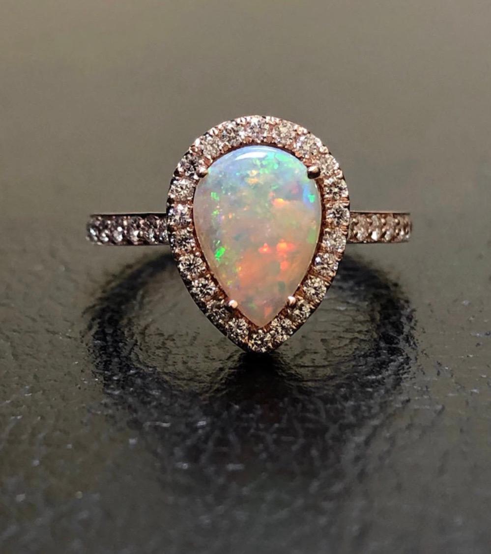 Handmade 18K Rose Gold Halo Diamond Australian Pear Shape Opal Engagement Ring In New Condition For Sale In Los Angeles, CA