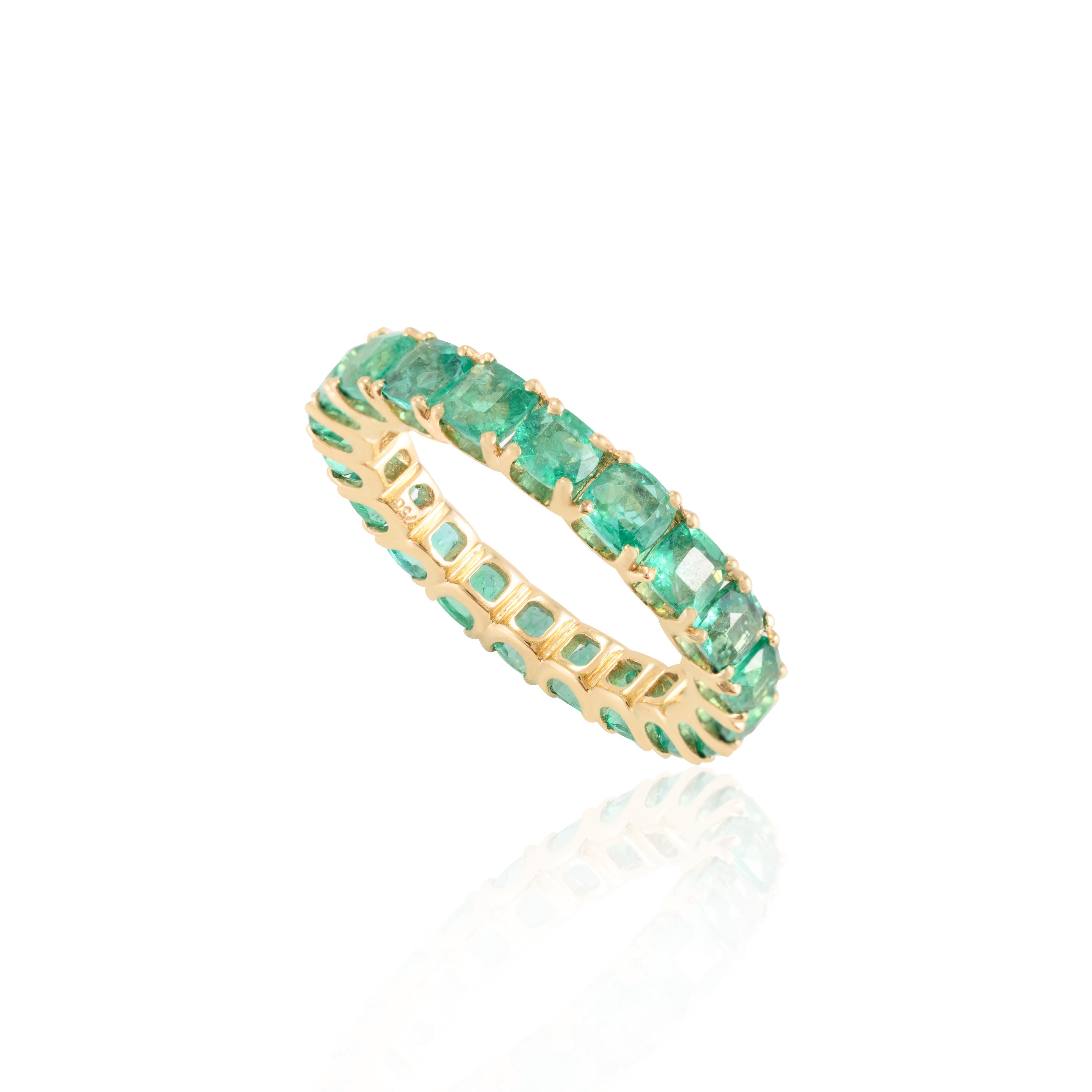 For Sale:  18k Solid Yellow Gold 4.06 CTW Cushion Emerald Eternity Band Ring 5