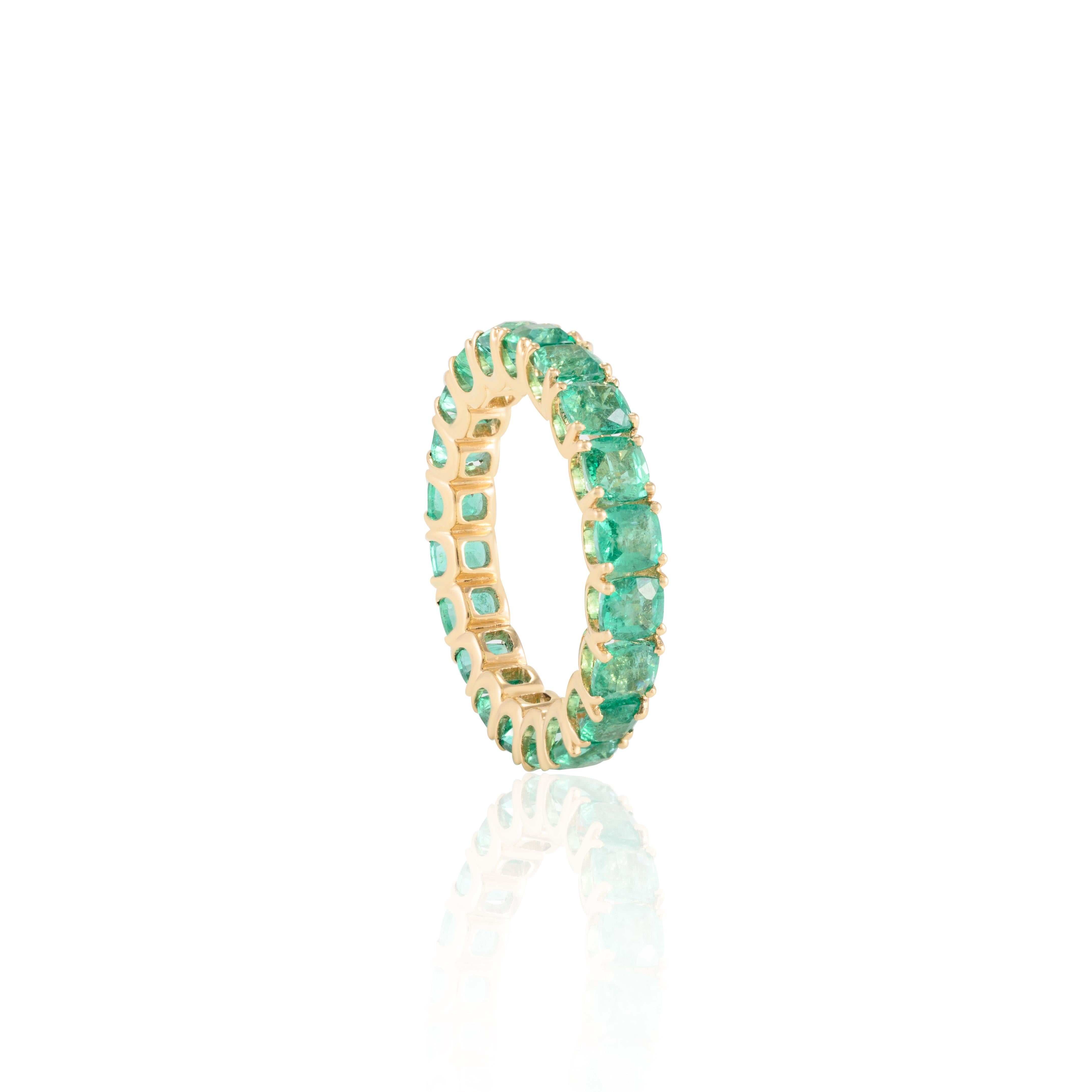 For Sale:  18k Solid Yellow Gold 4.06 CTW Cushion Emerald Eternity Band Ring 6