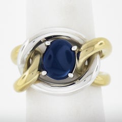 Handmade 18K TT Gold GIA No Heat Oval Cabochon Blue Sapphire Knot Cocktail Ring