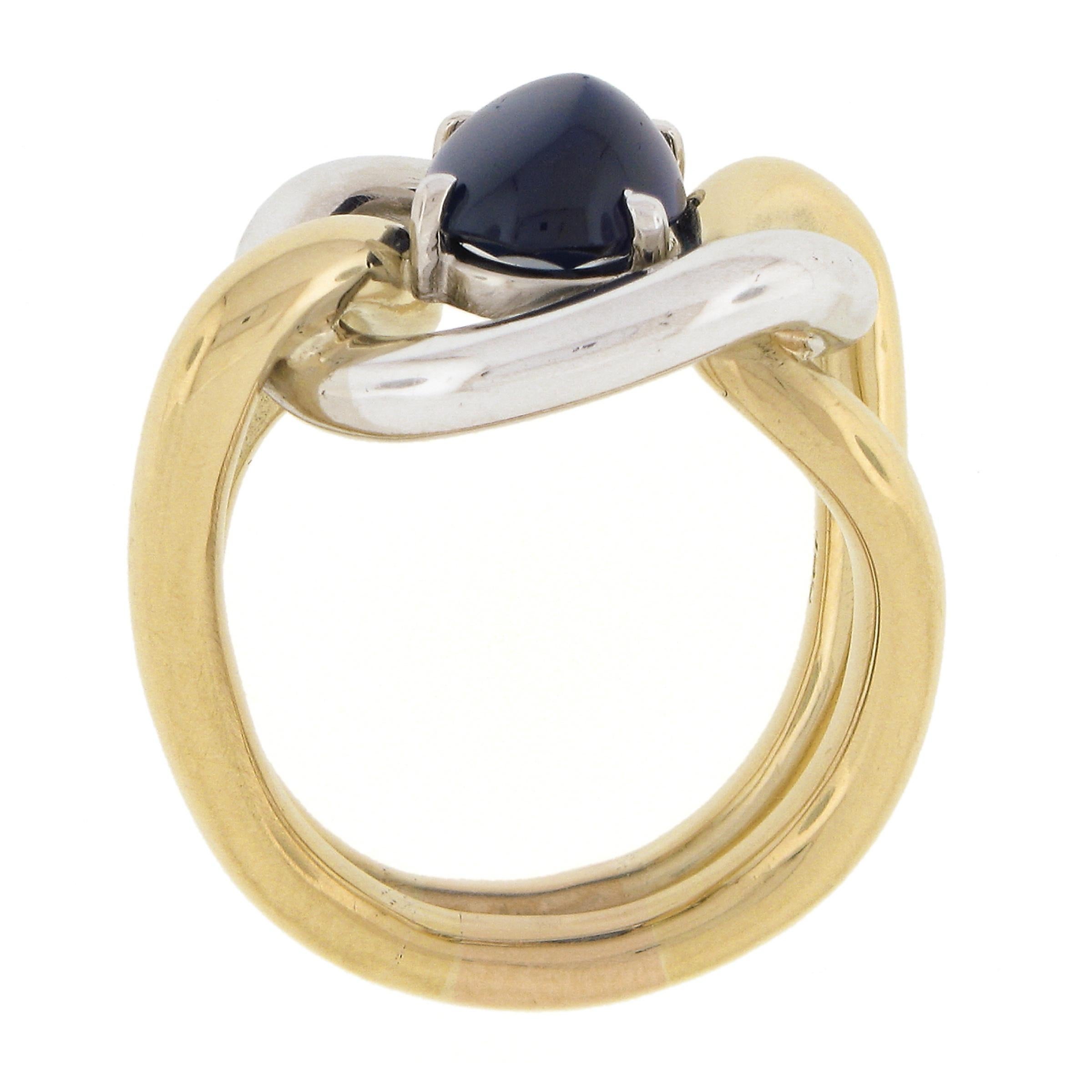 Handmade 18K TT Gold GIA No Heat Oval Cabochon Blue Sapphire Knot Cocktail Ring For Sale 1