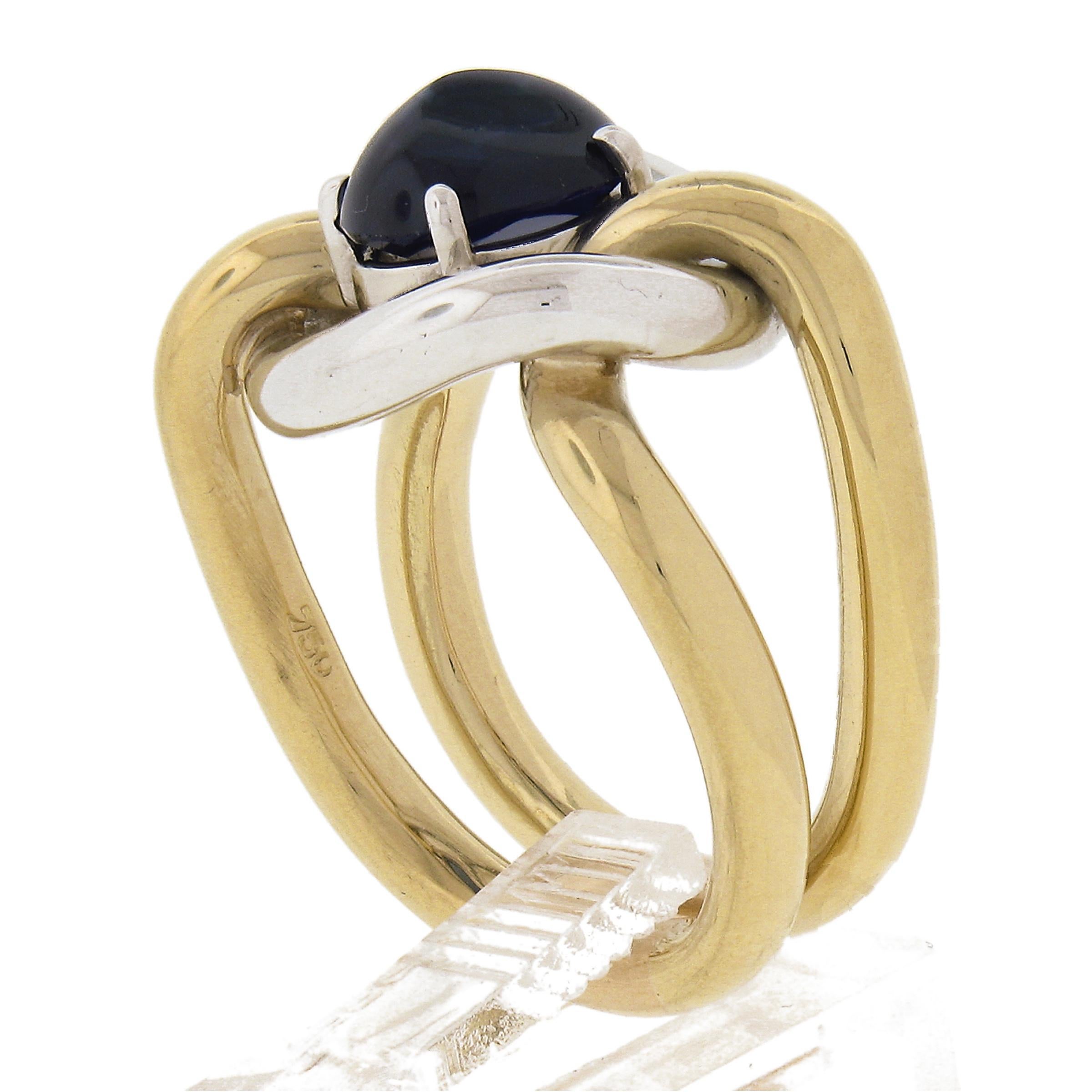 Handmade 18K TT Gold GIA No Heat Oval Cabochon Blue Sapphire Knot Cocktail Ring For Sale 2