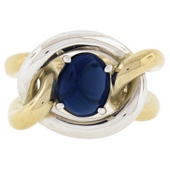 Handgefertigter 18K TT Gold GIA unbehandelter ovaler Cabochon-Blauer Saphir-Knoten-Cocktailring