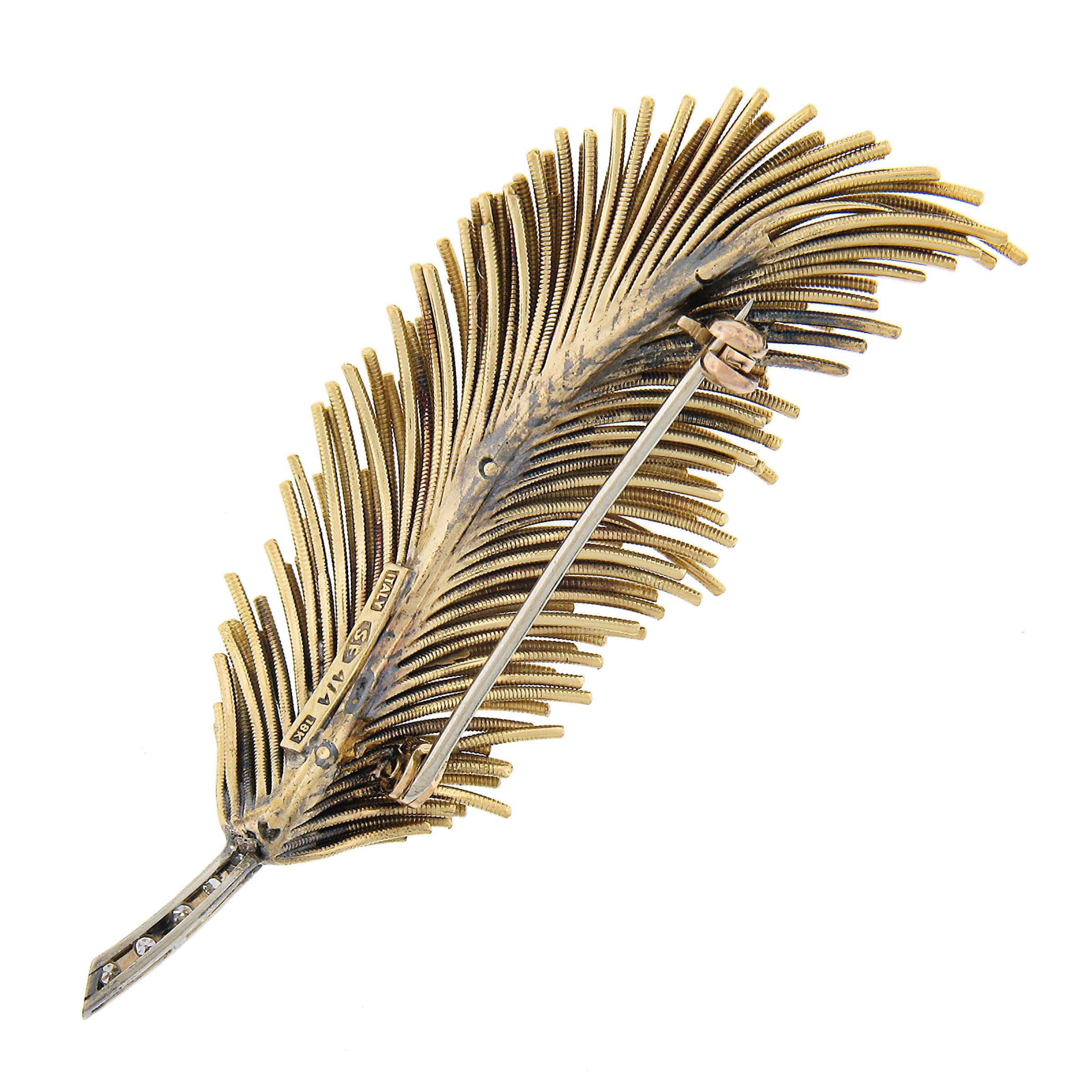 Single Cut Handmade 18K Two Tone Gold 0.30ctw Diamond Textured Long Feather Leaf Brooch Pin For Sale