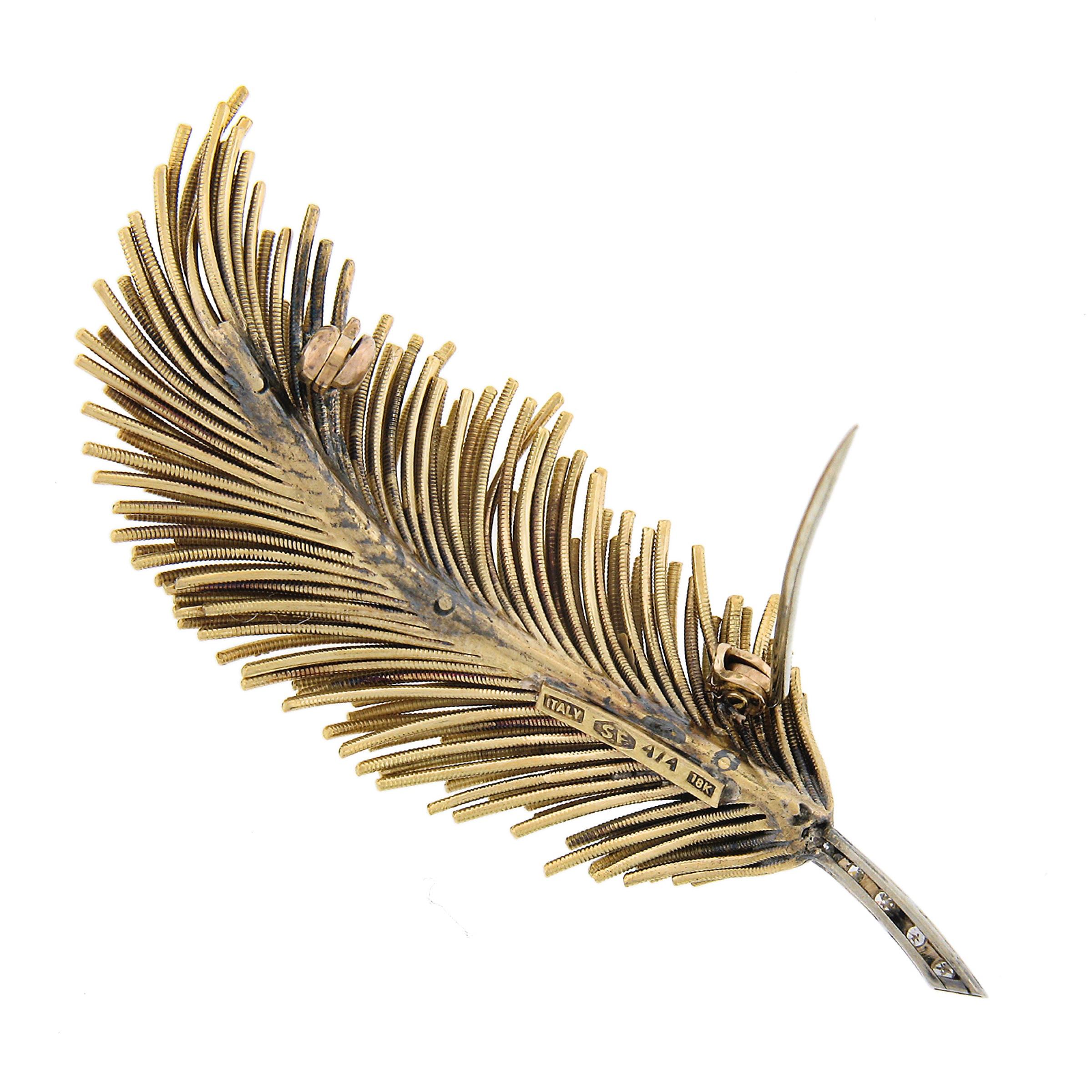 Handmade 18K Two Tone Gold 0.30ctw Diamond Textured Long Feather Leaf Brooch Pin In Good Condition For Sale In Montclair, NJ