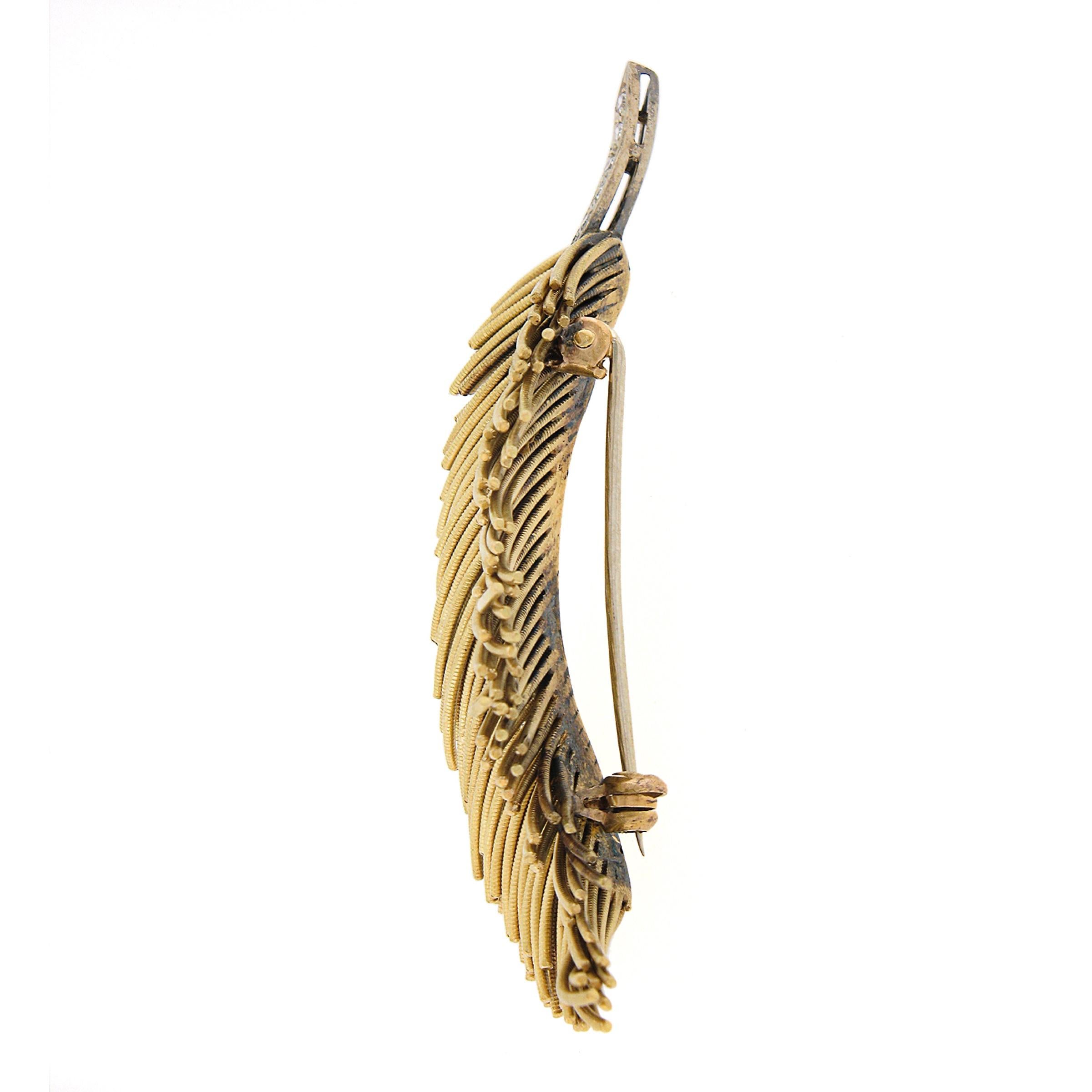 Women's Handmade 18K Two Tone Gold 0.30ctw Diamond Textured Long Feather Leaf Brooch Pin For Sale