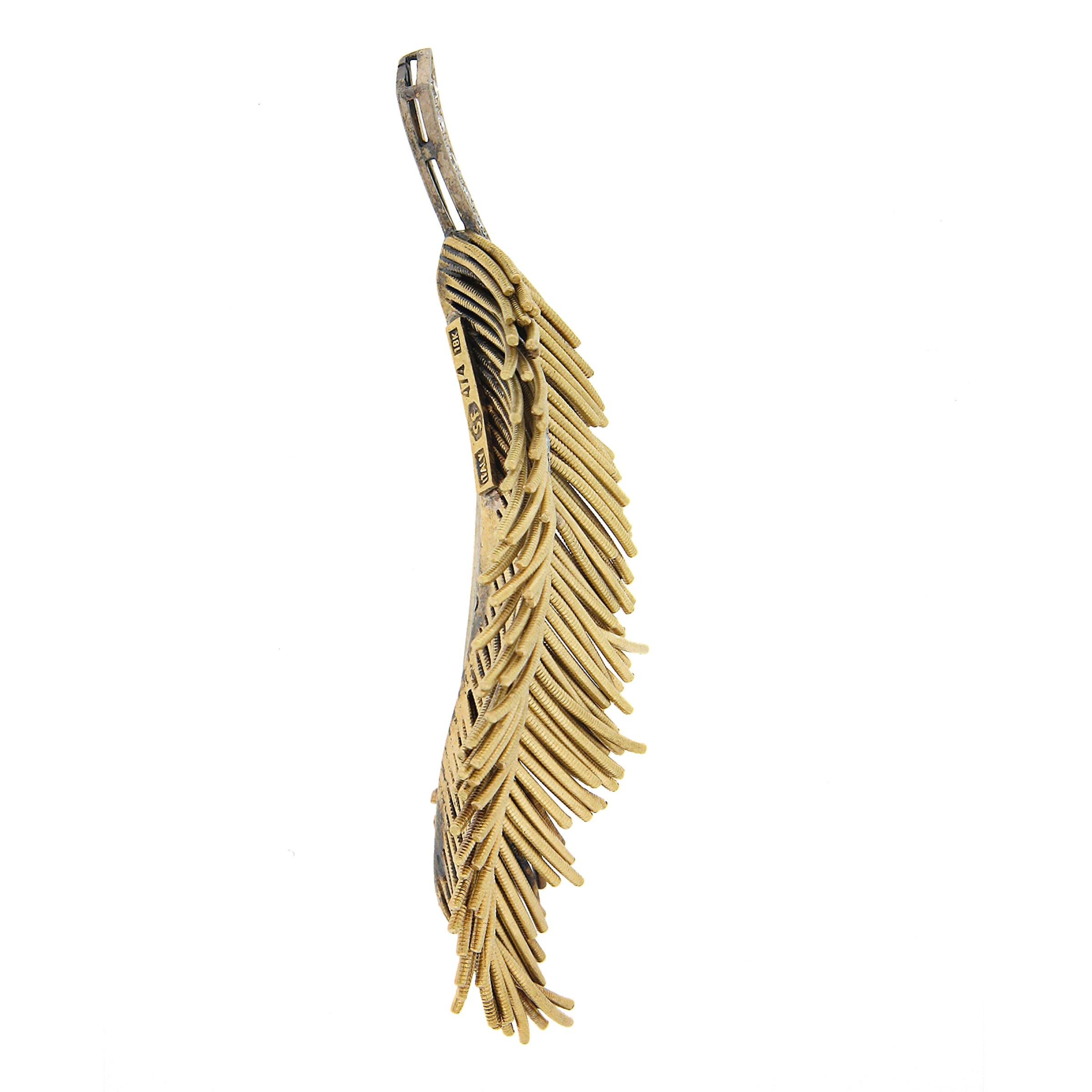 Handmade 18K Two Tone Gold 0.30ctw Diamond Textured Long Feather Leaf Brooch Pin For Sale 1