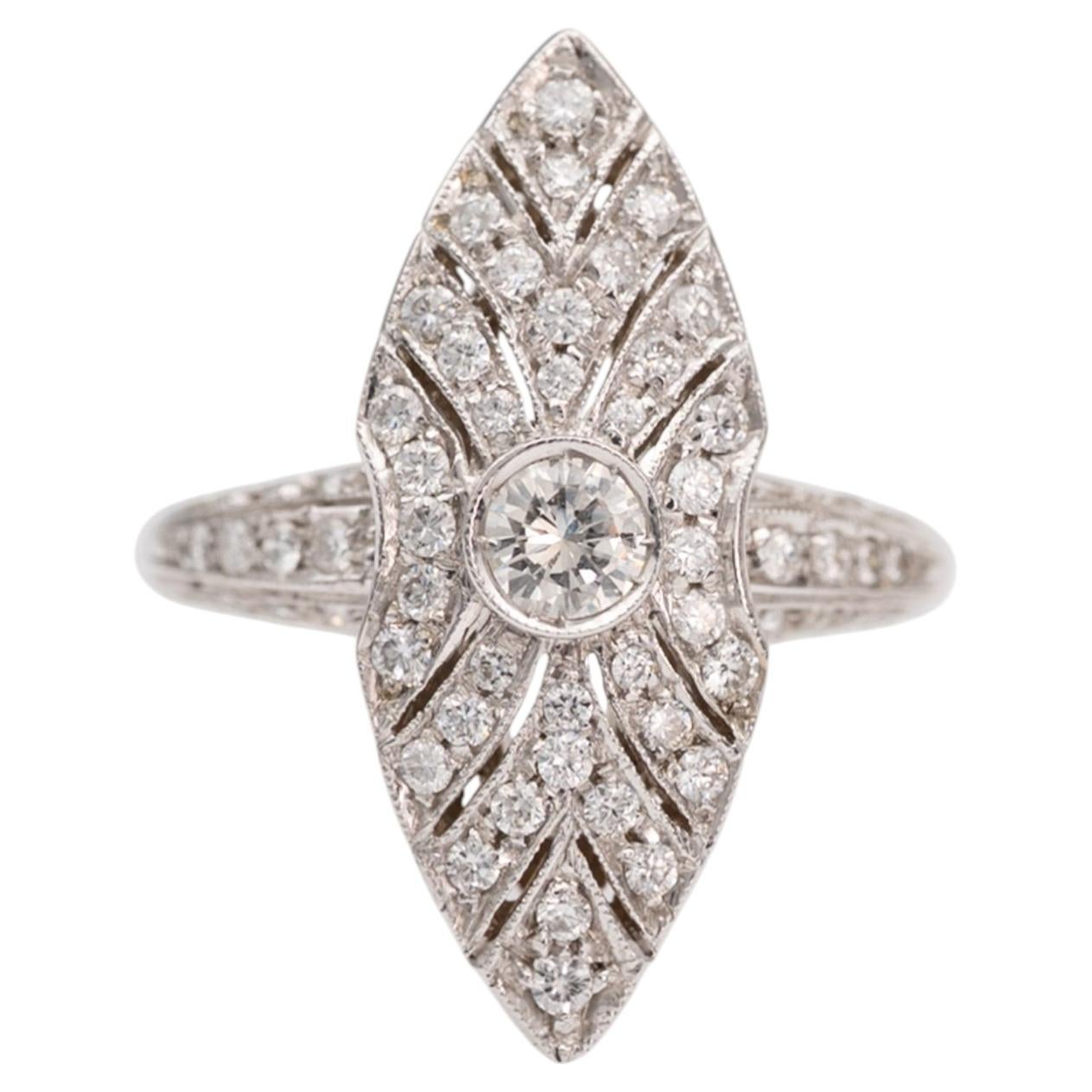 Handmade 18K White Gold Navette Ring with Diamonds, Italy