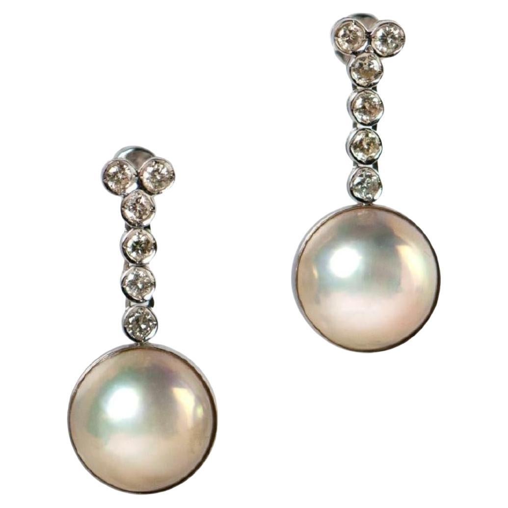 Handmade 18K White Gold South Sea Half Pearl and Diamond Earrings For Sale