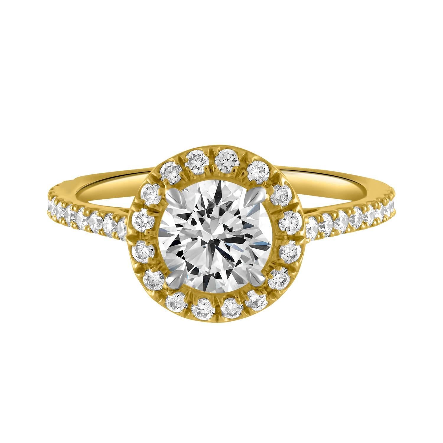 Handmade 18k Yellow Gold & 0.90ct GIA Certified Diamond Surround Engagement Ring For Sale