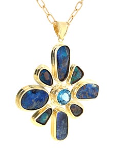 Handmade 18k Yellow Gold Boulder Opal and Topaz Pendant, Unique Design