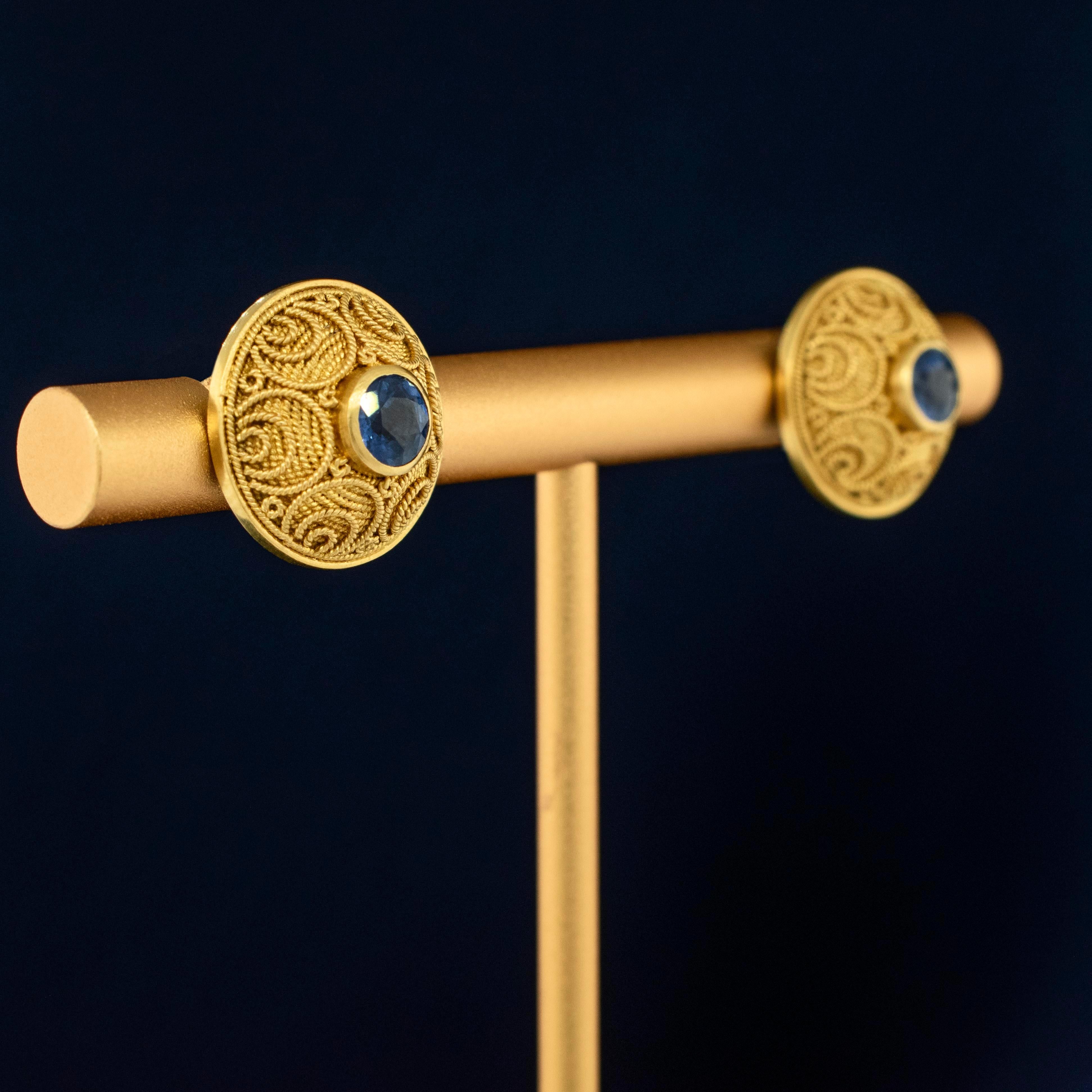 Round Cut Handmade 18K Yellow Gold Byzantine Blue Sapphire Earrings For Sale
