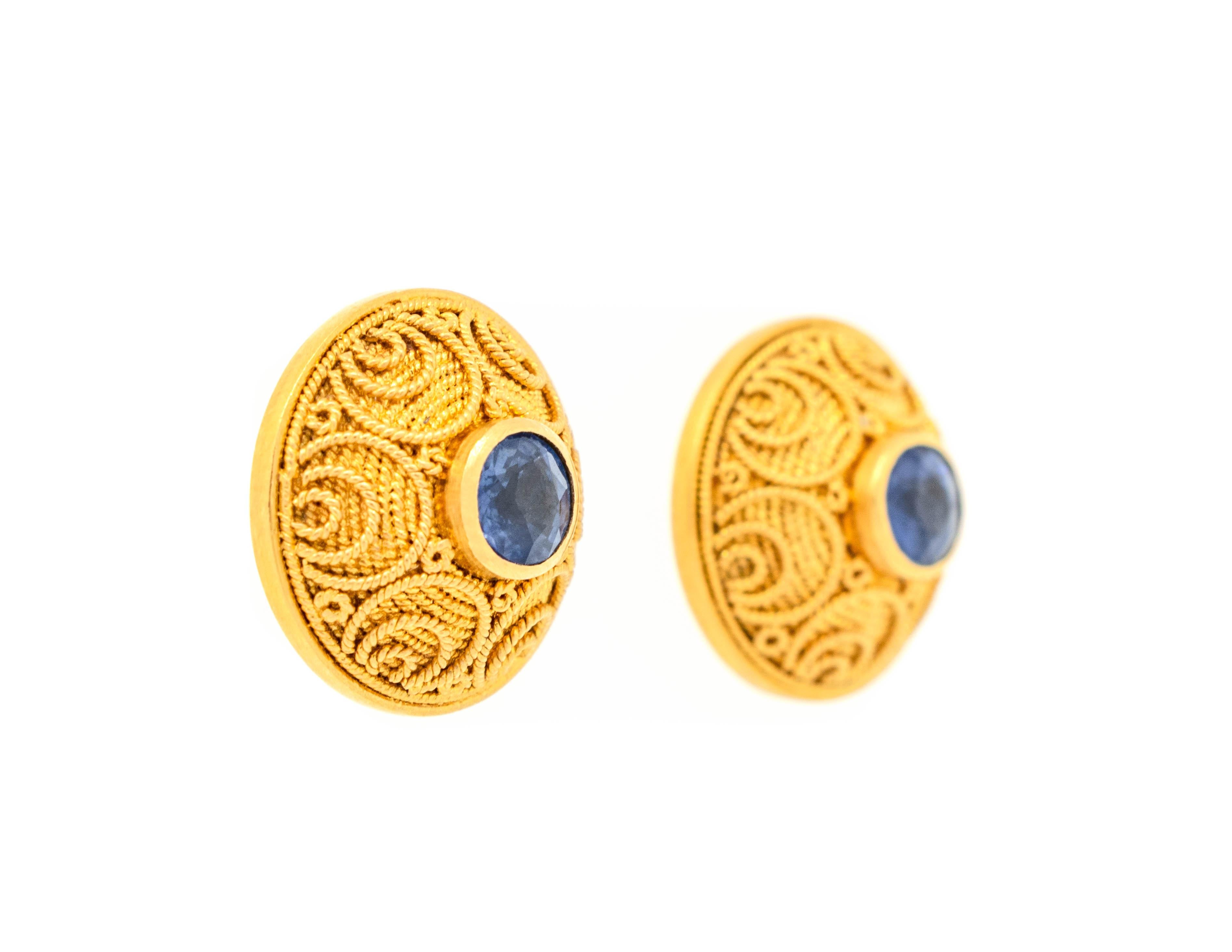 Women's Handmade 18K Yellow Gold Byzantine Blue Sapphire Earrings For Sale