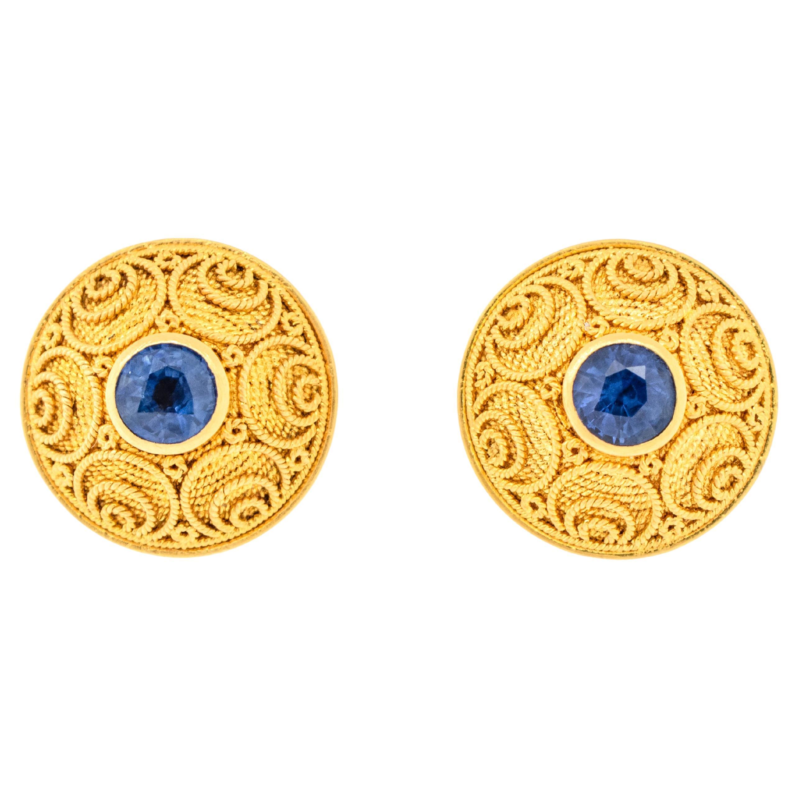 Handmade 18K Yellow Gold Byzantine Blue Sapphire Earrings For Sale