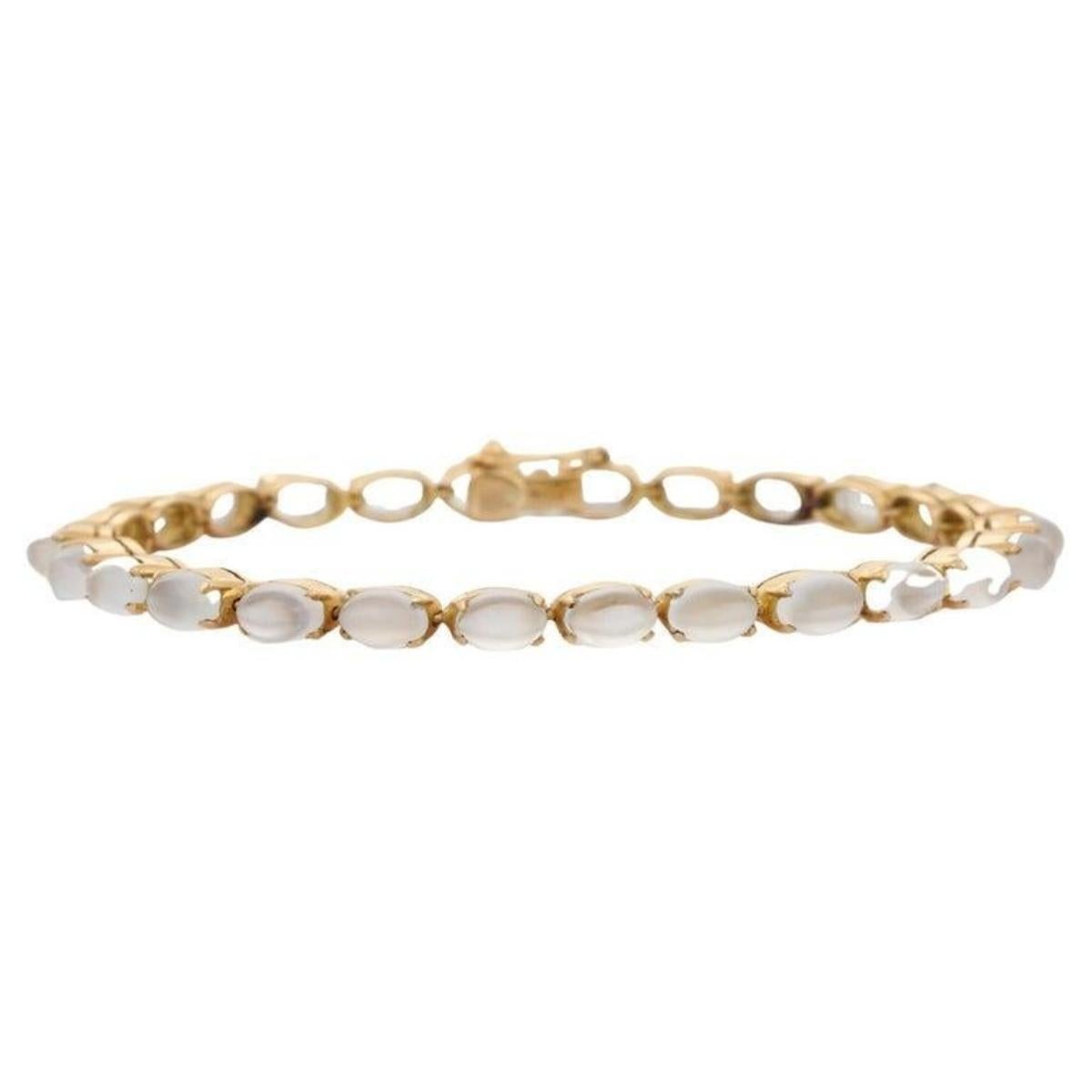 Handmade 18k Yellow Gold Cabochon Rainbow Moonstone Tennis Bracelet Gift for Mom For Sale 5