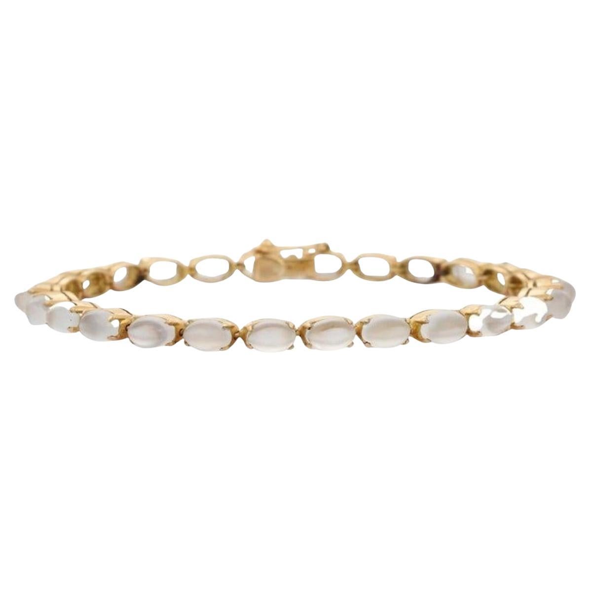 Handmade 18k Yellow Gold Cabochon Rainbow Moonstone Tennis Bracelet Gift for Mom