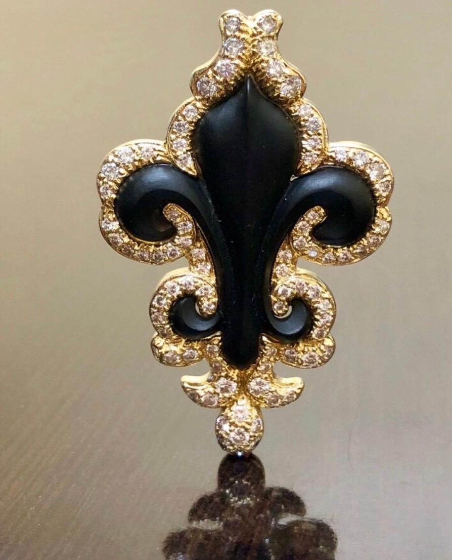 Handmade 18K Yellow Gold Fleur De Lis Diamond Brooch With Hand Carved Onyx For Sale 4