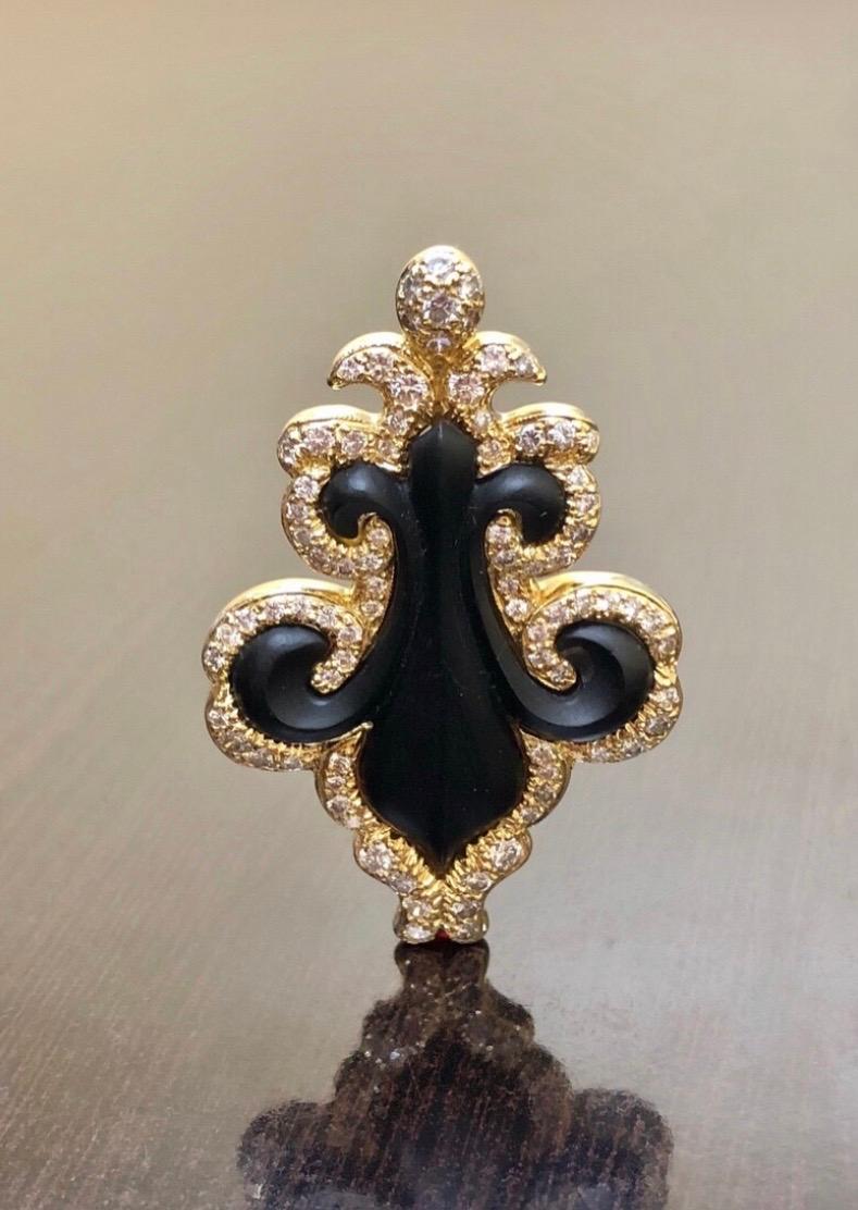 Handmade 18K Yellow Gold Fleur De Lis Diamond Brooch With Hand Carved Onyx For Sale 1