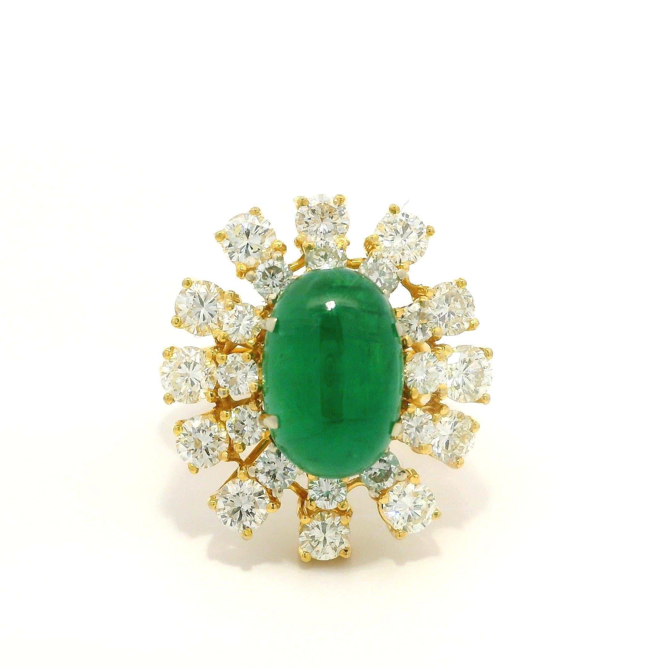 Handmade 18k Yellow Gold GIA 5.83ctw Cabochon Emerald & Diamond Tiered Halo Ring