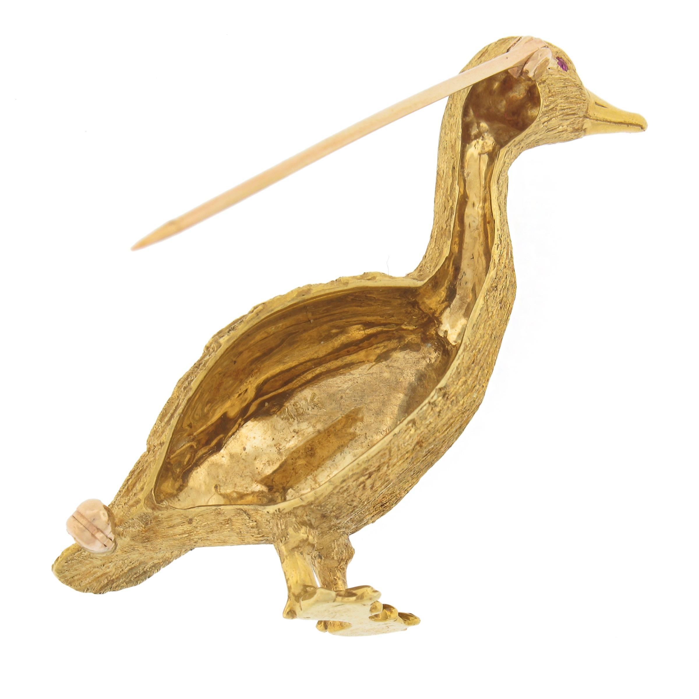 Round Cut Handmade 18K Yellow Gold Hand Carved & Textured Goose Pin Brooch w/ Ruby Eye For Sale