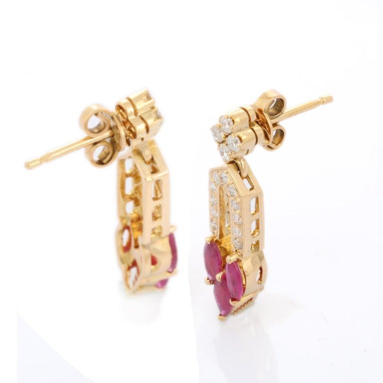 Art Nouveau Handmade 18K Yellow Gold Marquise Cut Ruby and Diamond Wedding Dangle Earrings For Sale