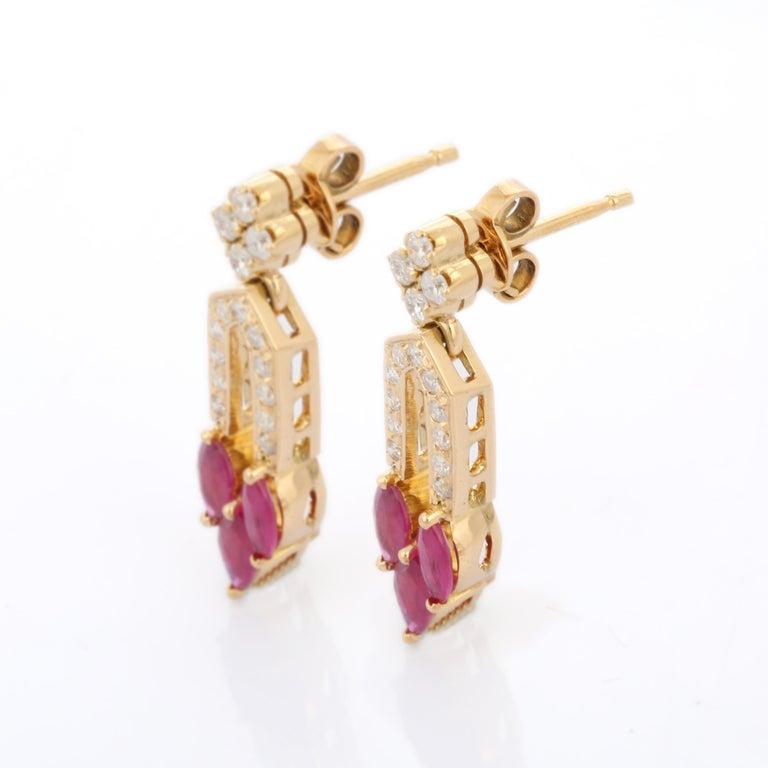 Women's Handmade 18K Yellow Gold Marquise Cut Ruby and Diamond Wedding Dangle Earrings For Sale