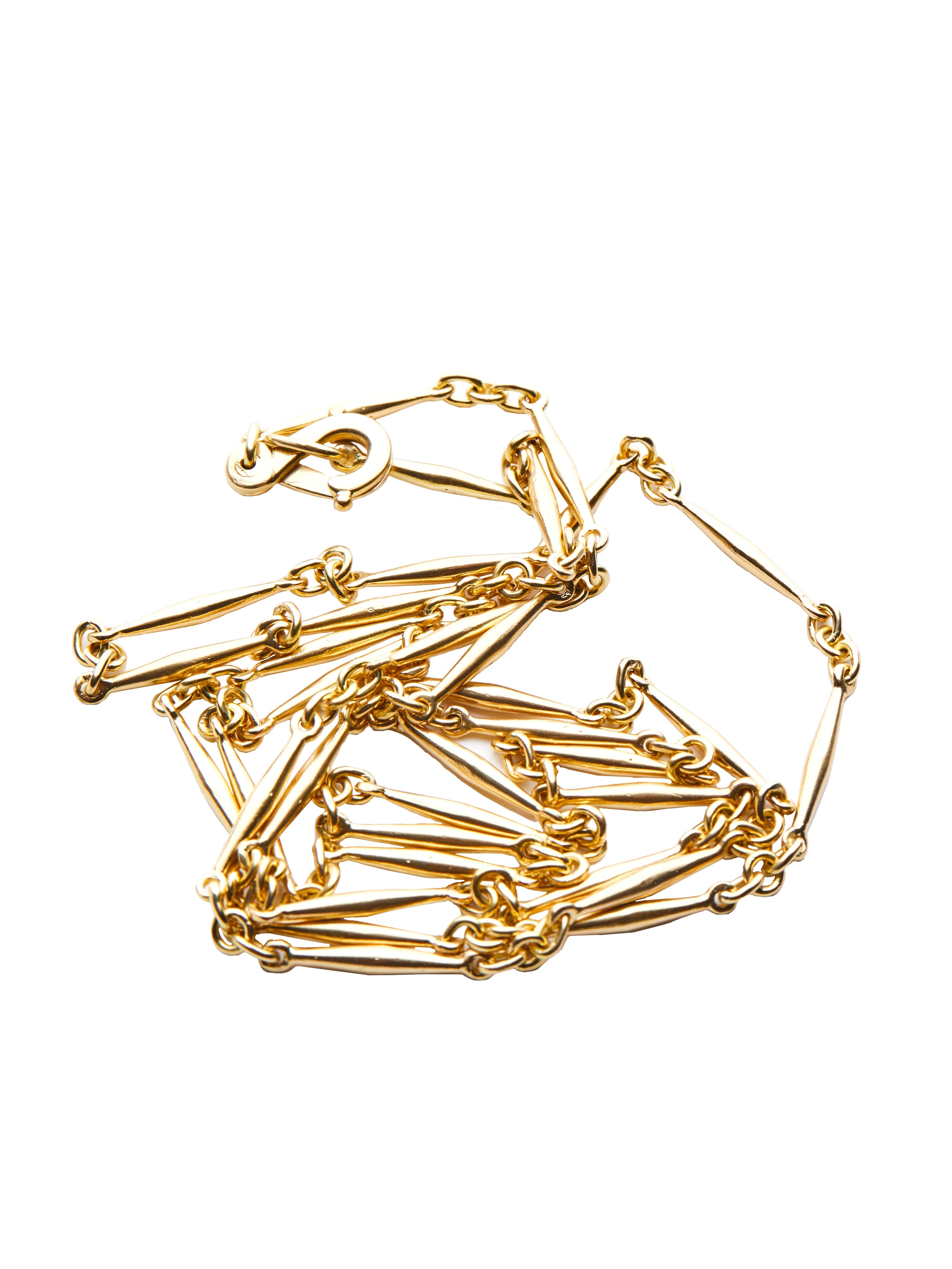 This contemporary motif links chain necklace is designed by Christina Alexiou. It is crafted with 18k yellow gold and is handmade in Greece. 
Its style is quite versatile, as this piece can be worn as a long chain, or as a double - short necklace,