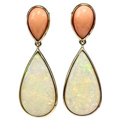 Handmade 18k Yellow Gold Opal and Coral Drop Earrings, 17.75 Carats