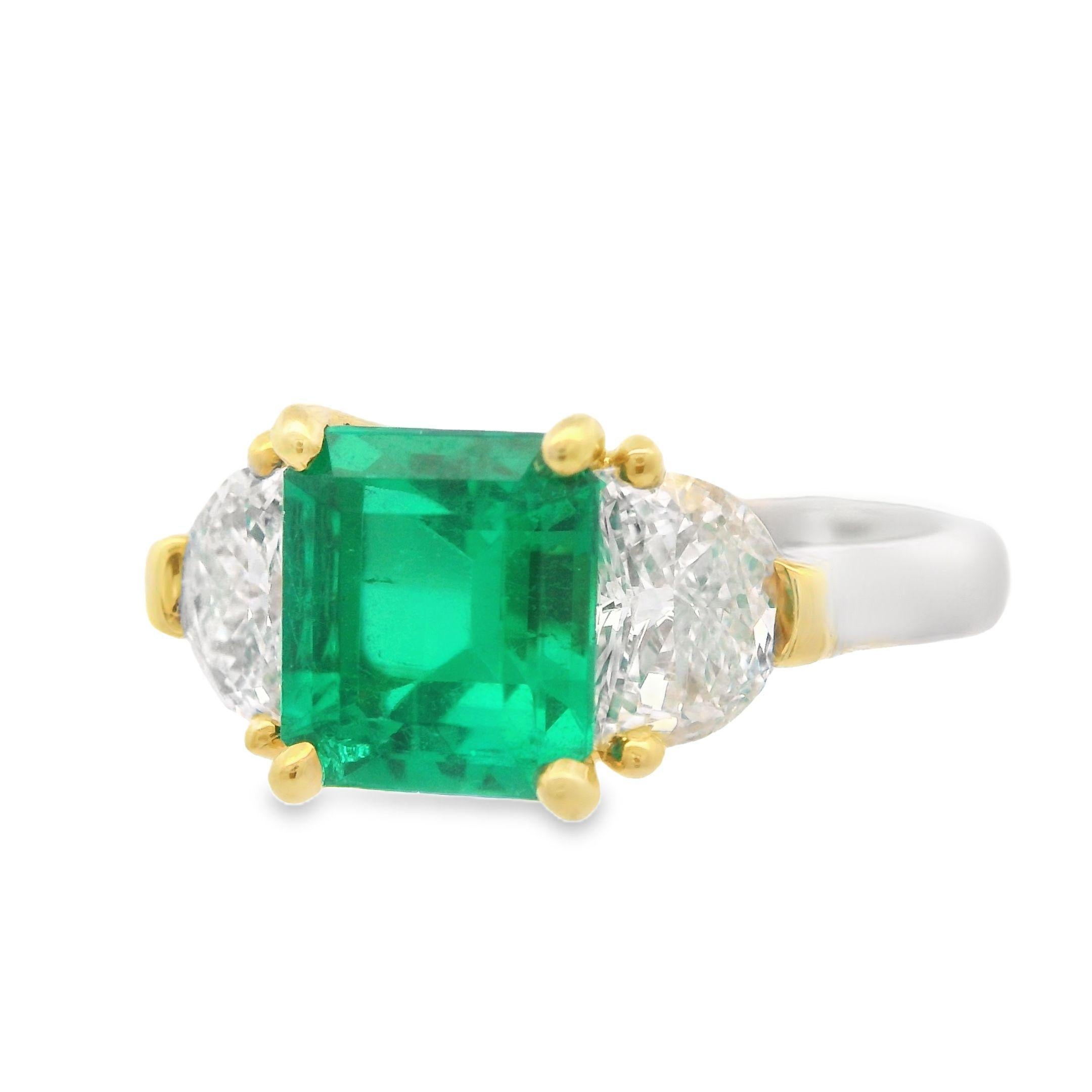 Square Cut Handmade 18K Yellow Gold Platinum 2.5 Ct. Emerald and Diamond Ring For Sale