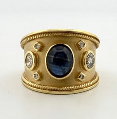 Handmade 18K Yellow Gold Sapphire Diamond Ring Wide Band Size 9 Estate 13g