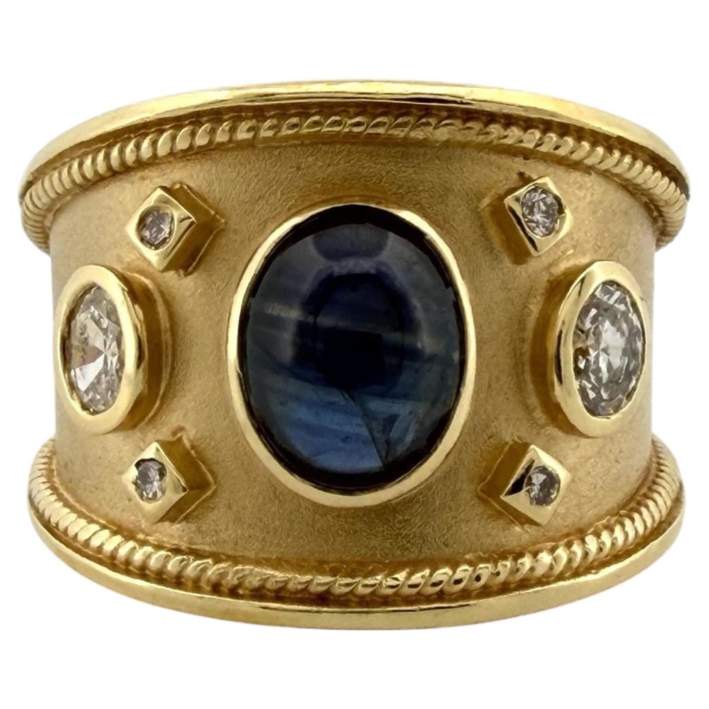 Handmade 18K Yellow Gold Sapphire Diamond Ring Wide Band Size 9 Estate 13g For Sale