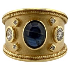 Handmade 18K Yellow Gold Sapphire Diamond Ring Wide Band Size 9 Estate 13g