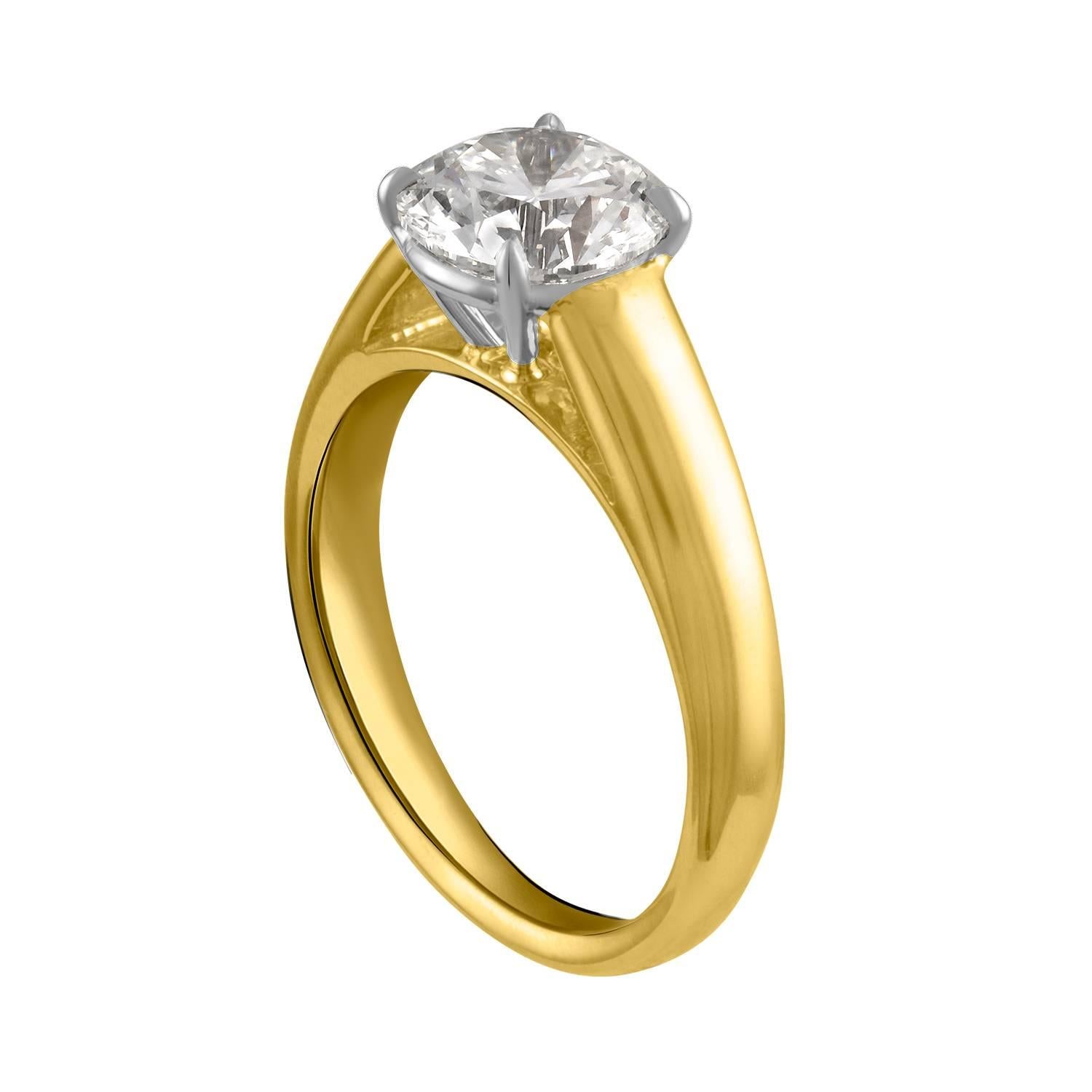 Round Cut Handmade 18 Karat Gold, Platinum and 1.73 Carat GIA Certified Round Diamond Ring For Sale