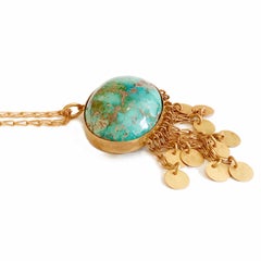 Handmade 18 Karat Solid Gold Satin Finish Large Turquoise Pendant Necklace