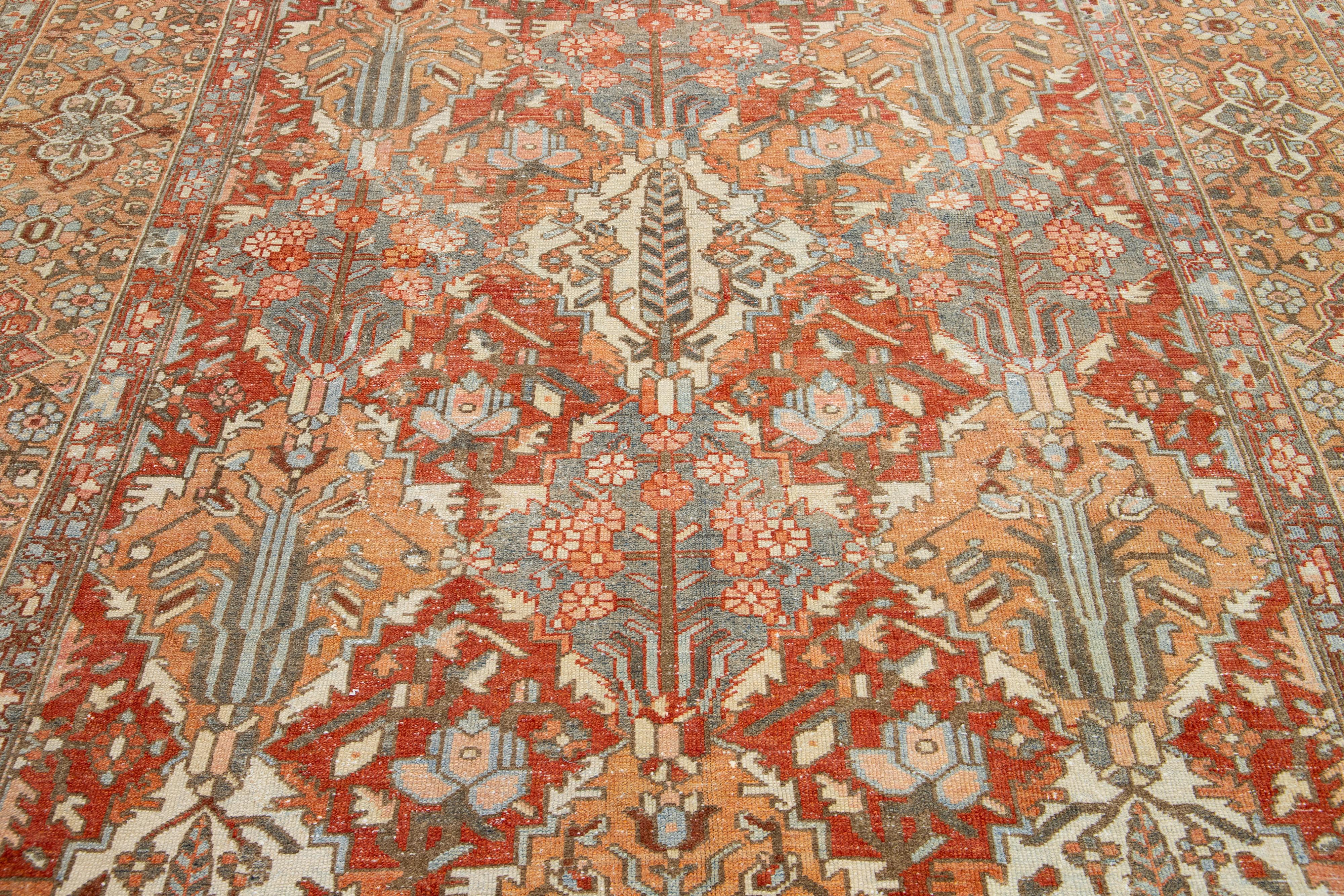 Handmade 1920s Persian Bakhtiari Wool Rug with Floral Motif In Orange  For Sale 1