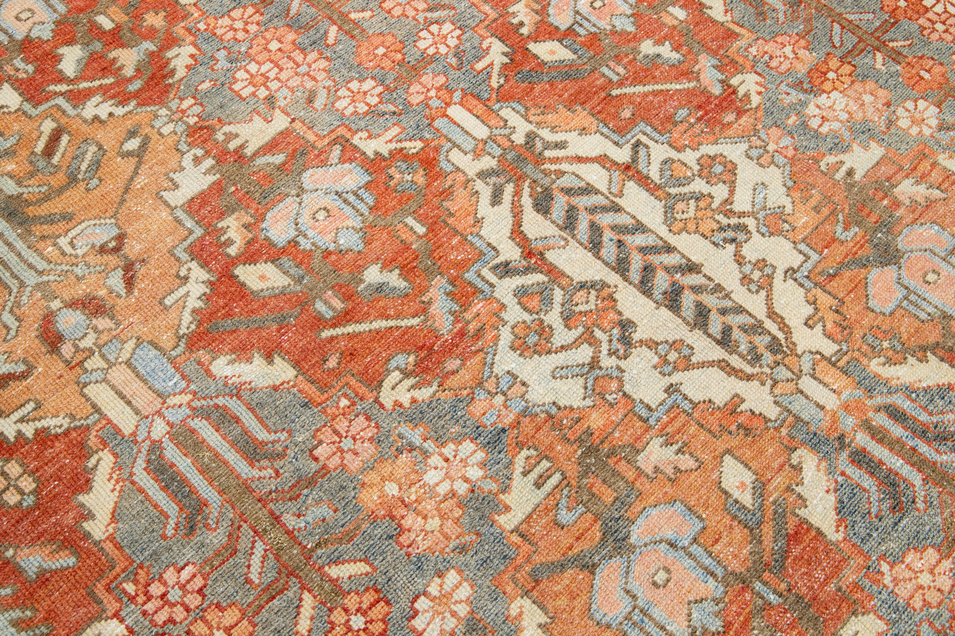 Handmade 1920s Persian Bakhtiari Wool Rug with Floral Motif In Orange  For Sale 2