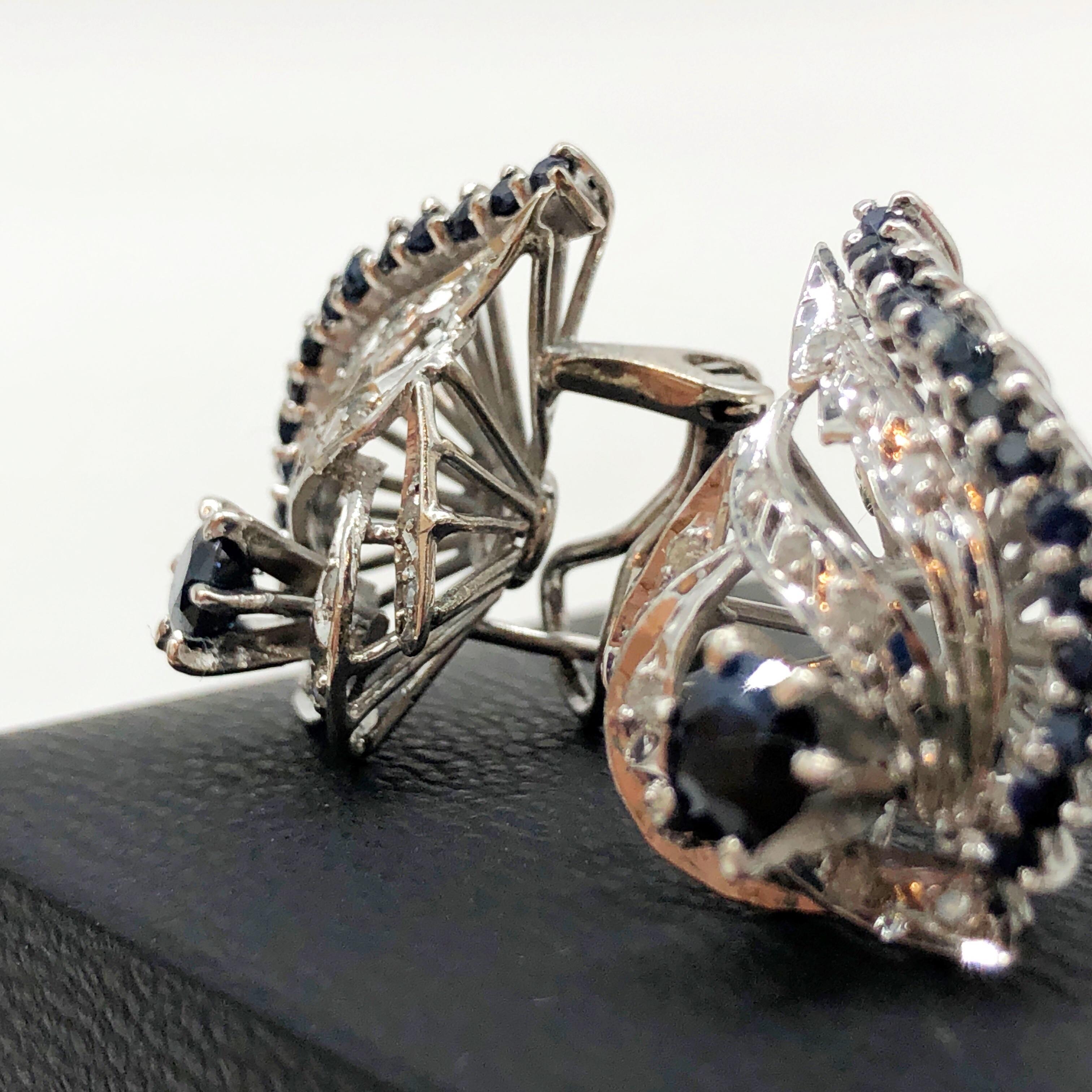 Artisan Handmade 1940s Palladium Blue Sapphire and Diamond Cluster Earrings