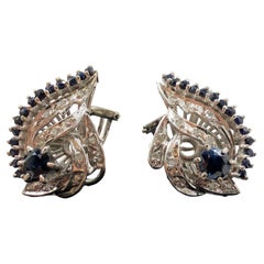 Handmade 1940s Palladium Blue Sapphire and Diamond Cluster Earrings