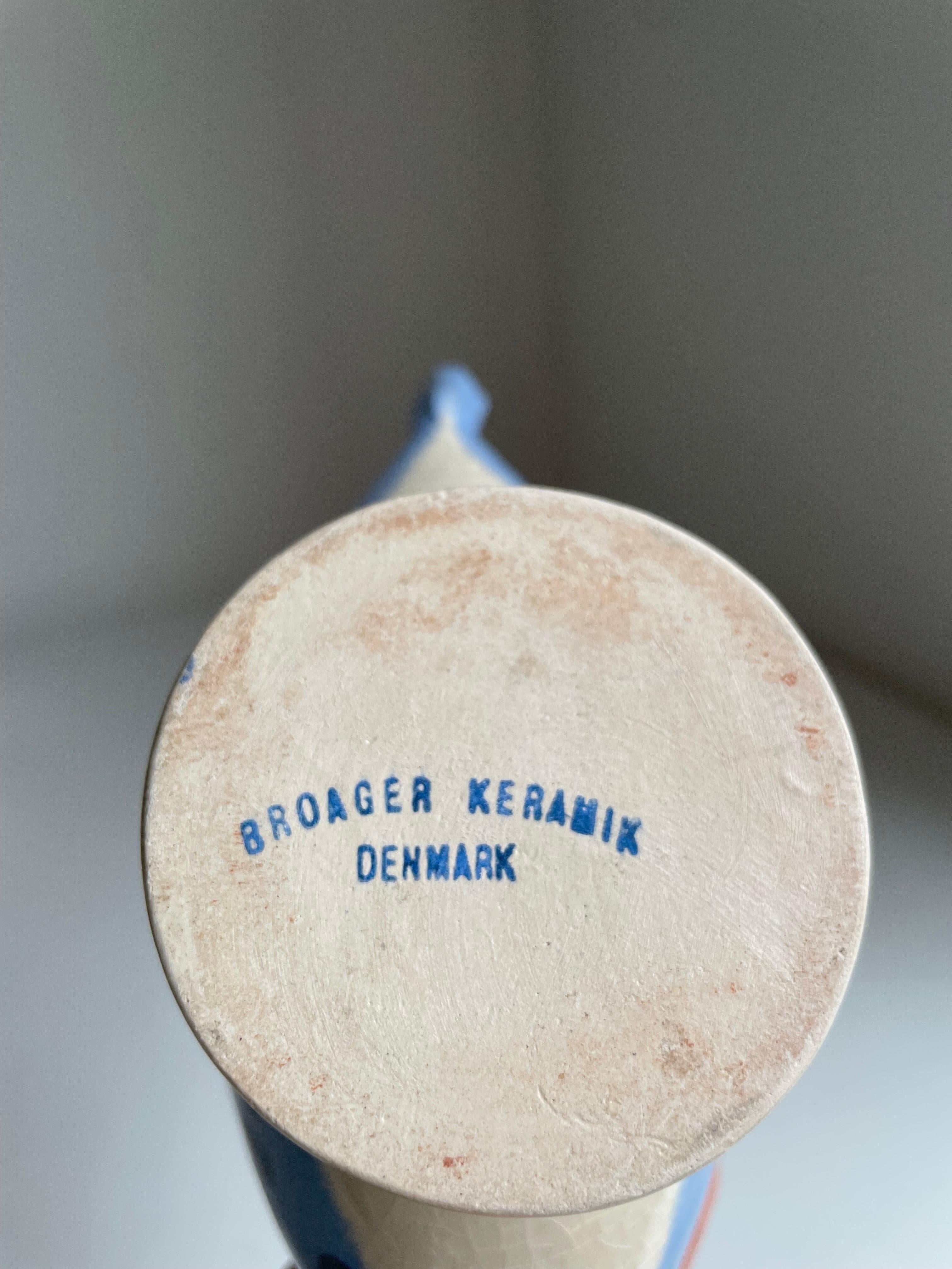 Broager Handmade 1950s Danish Blue Floral Pitcher Vase For Sale 2