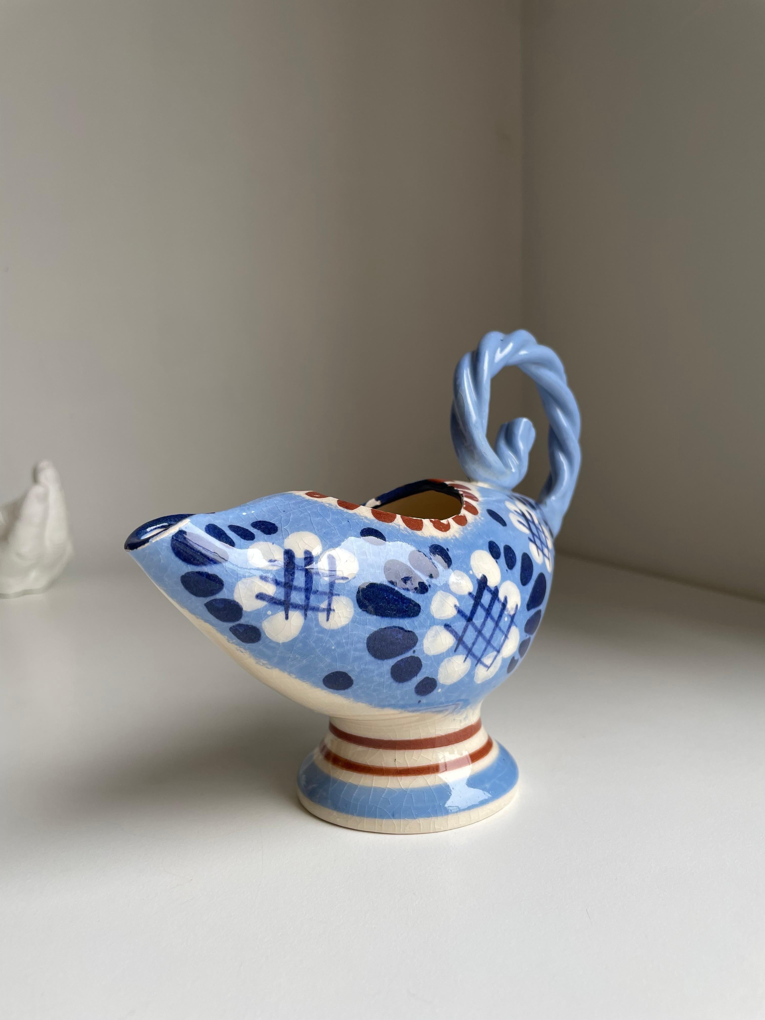 Broager Handmade 1950s Danish Blue Floral Pitcher Vase For Sale 3