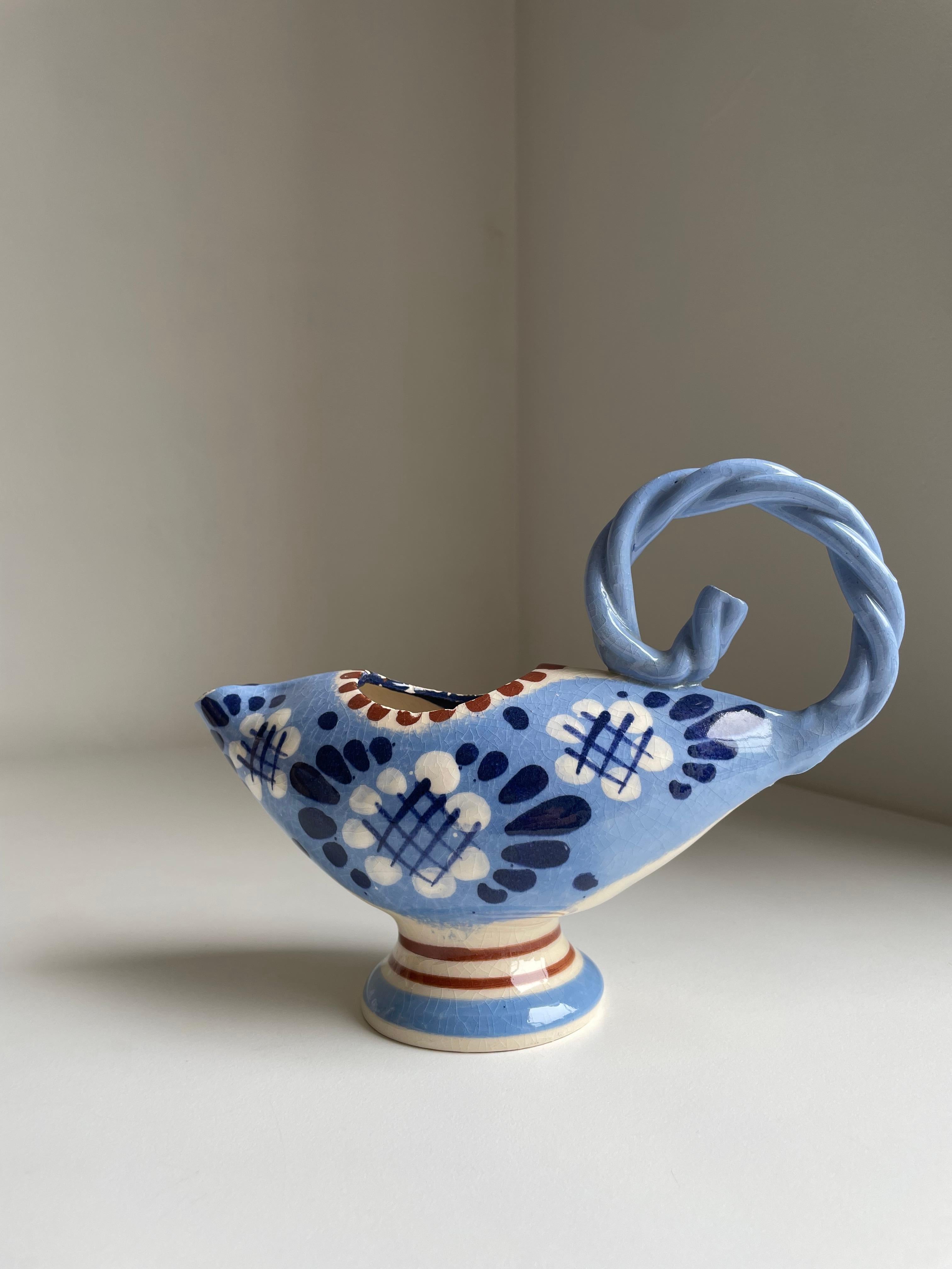 Broager Handmade 1950s Danish Blue Floral Pitcher Vase For Sale 4