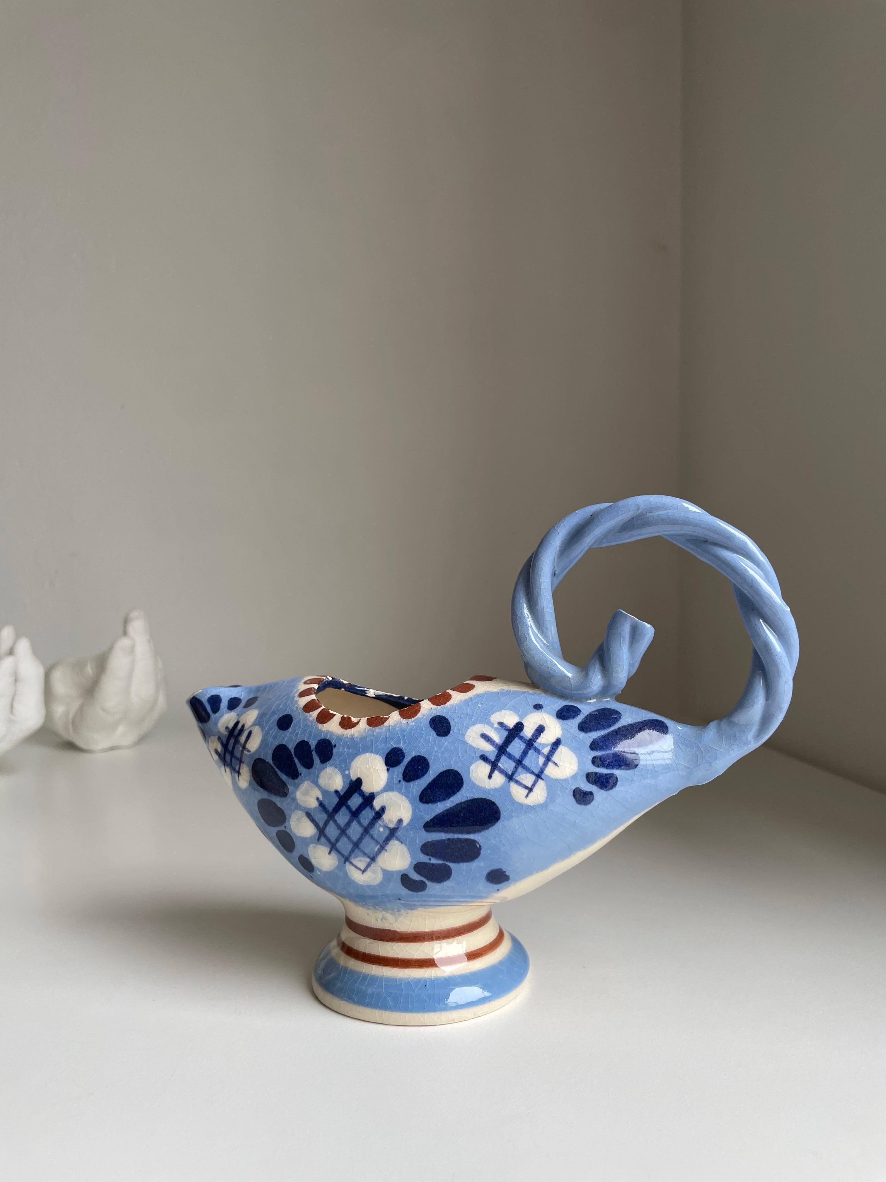 Broager Handmade 1950s Danish Blue Floral Pitcher Vase For Sale 5