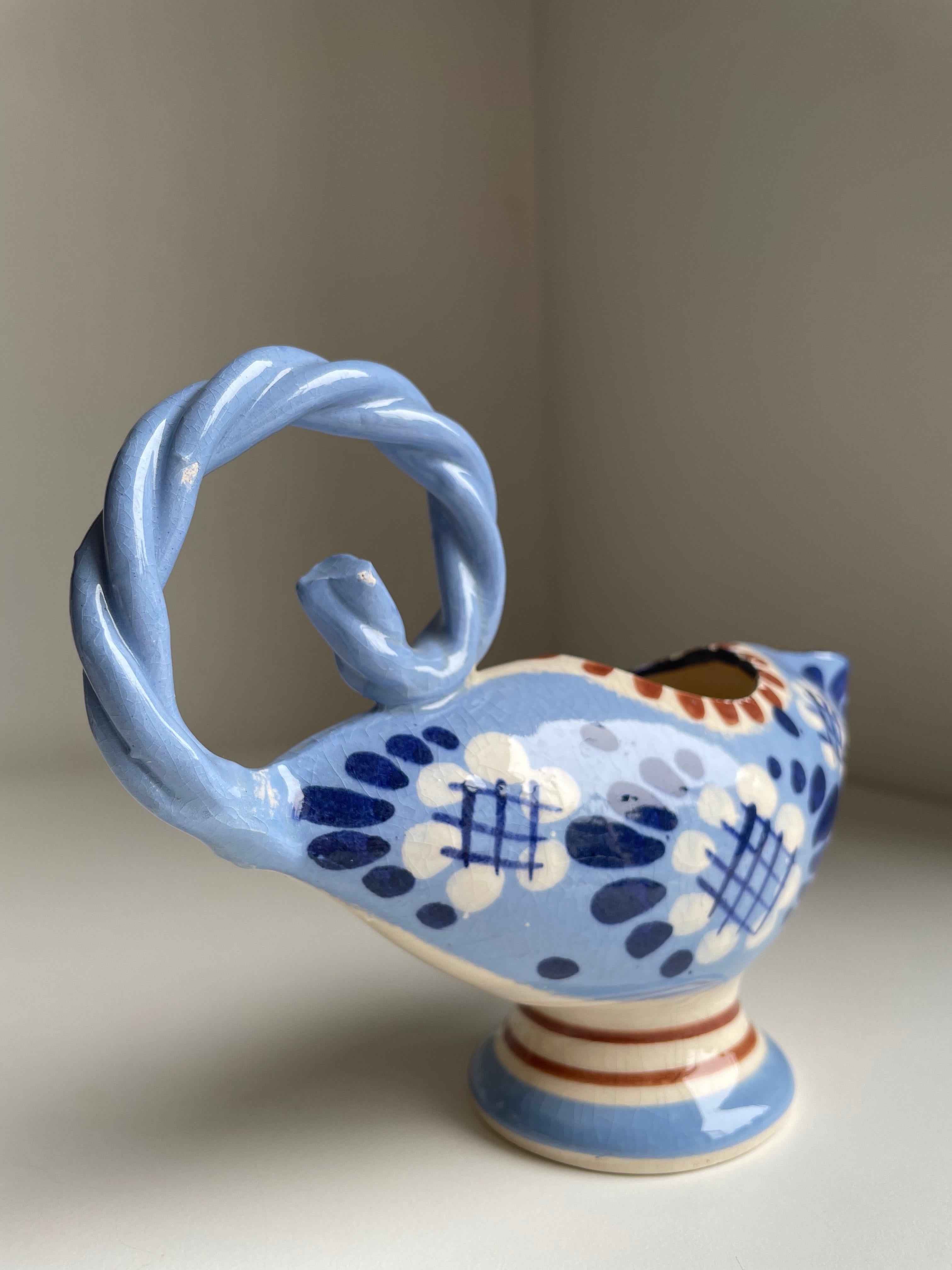 Broager Handmade 1950s Danish Blue Floral Pitcher Vase For Sale 6