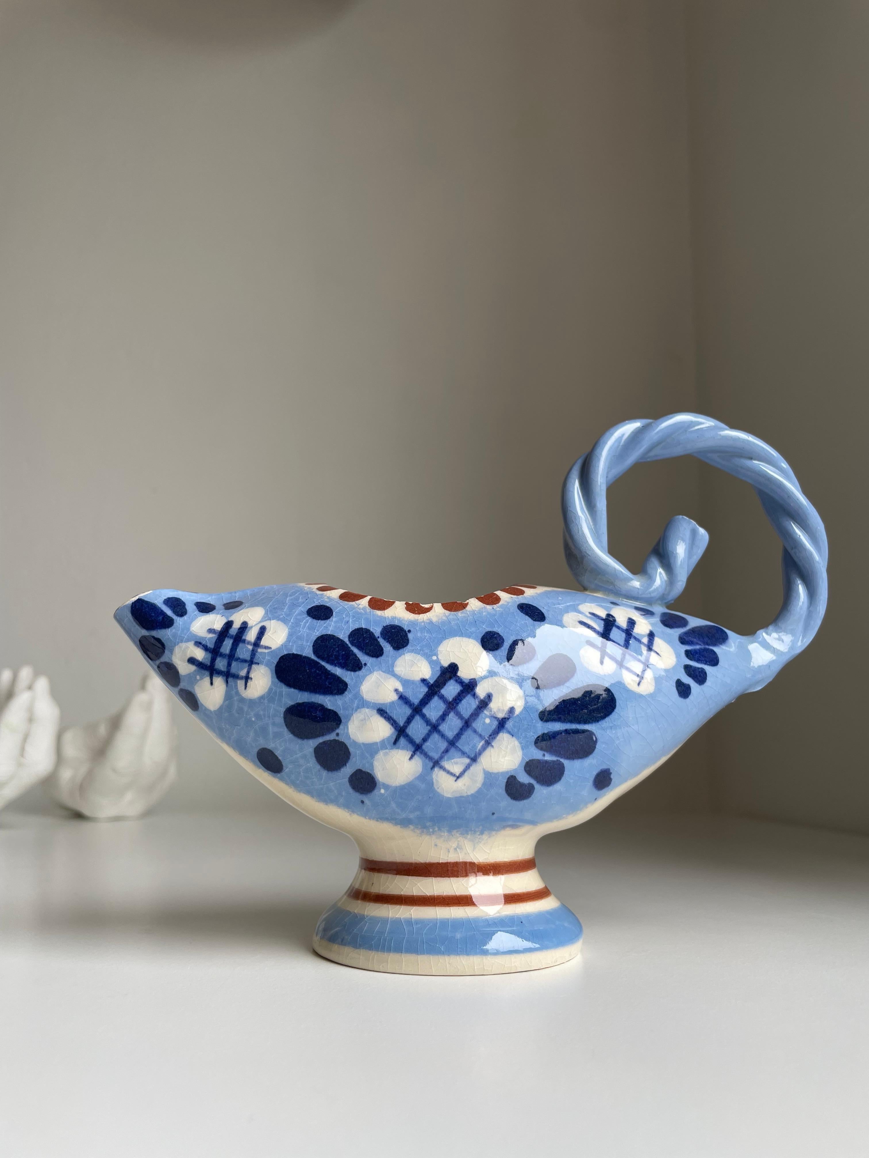 Broager Handmade 1950s Danish Blue Floral Pitcher Vase For Sale 7