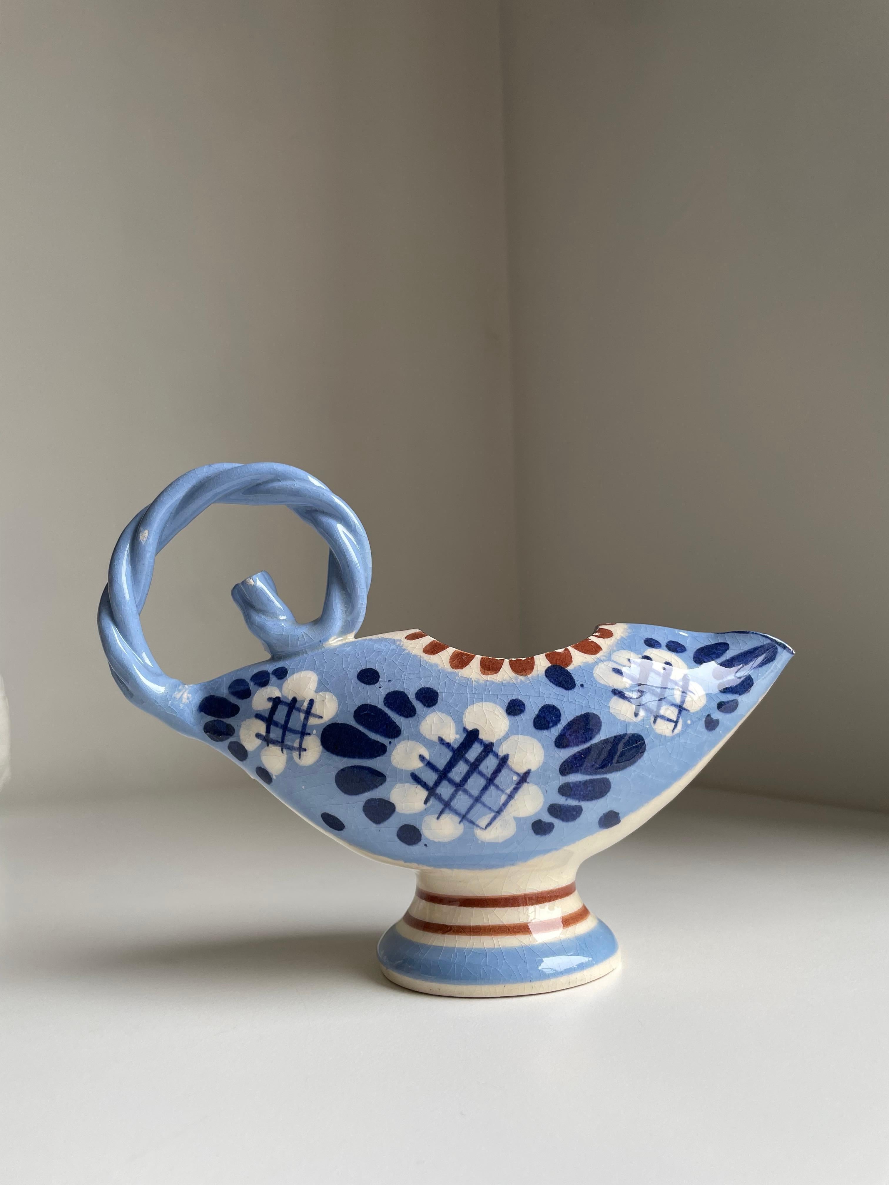 Broager Handmade 1950s Danish Blue Floral Pitcher Vase For Sale 8
