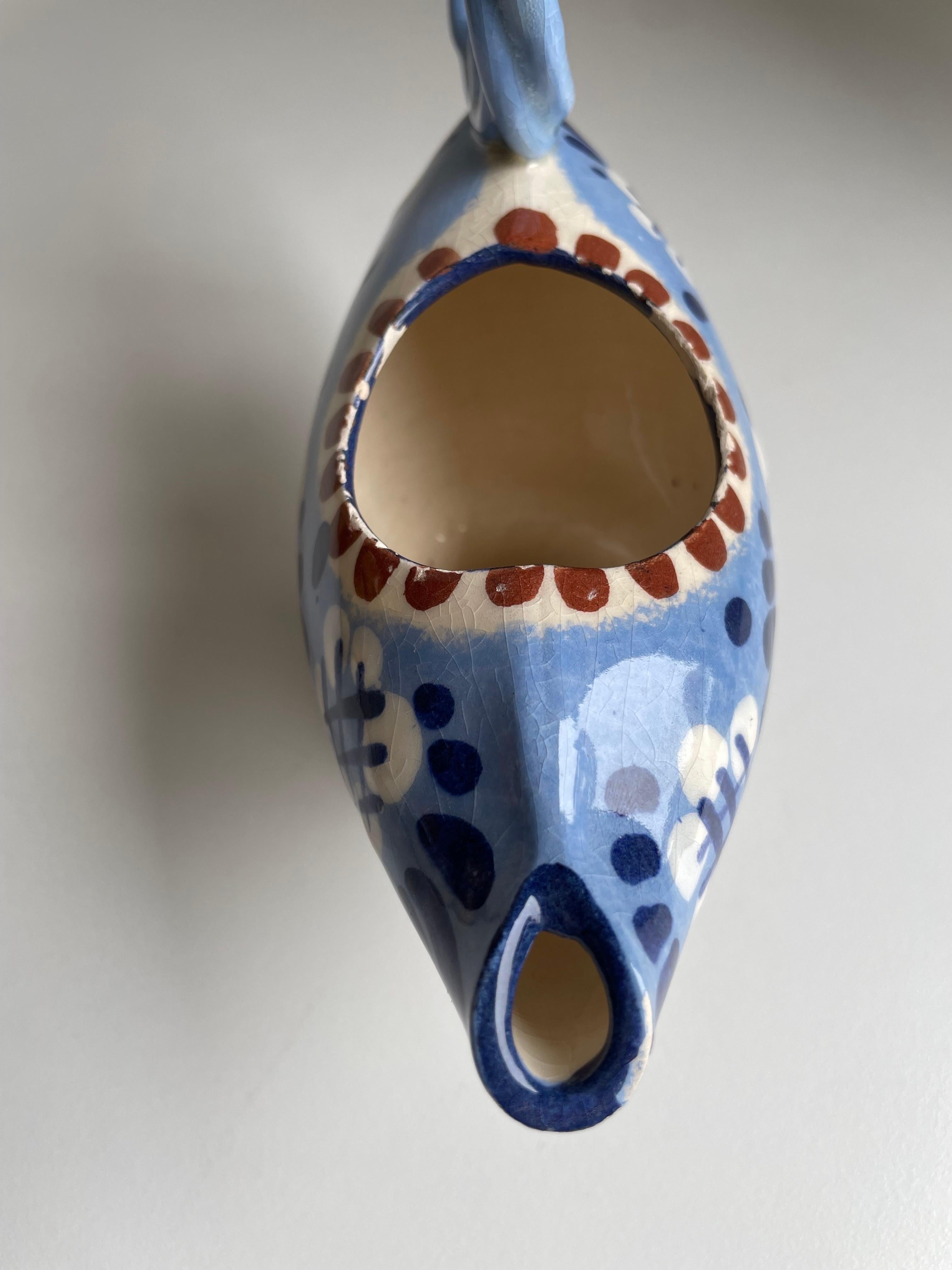 Broager Handmade 1950s Danish Blue Floral Pitcher Vase In Good Condition For Sale In Copenhagen, DK