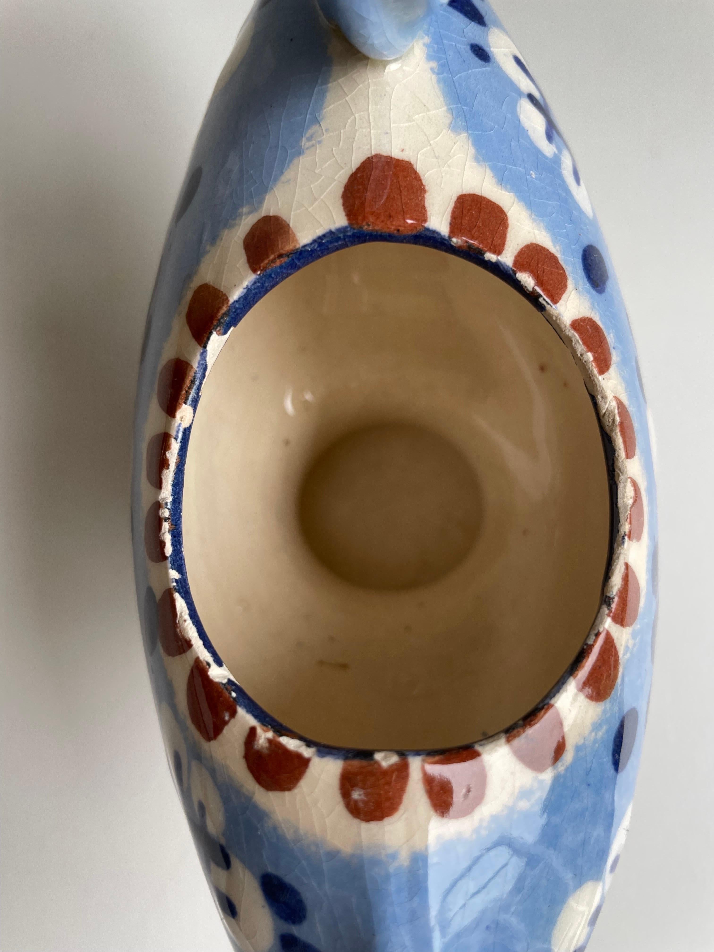 Pottery Broager Handmade 1950s Danish Blue Floral Pitcher Vase For Sale