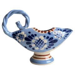 Handmade 1950s Danish Blue Floral Pitcher Vase