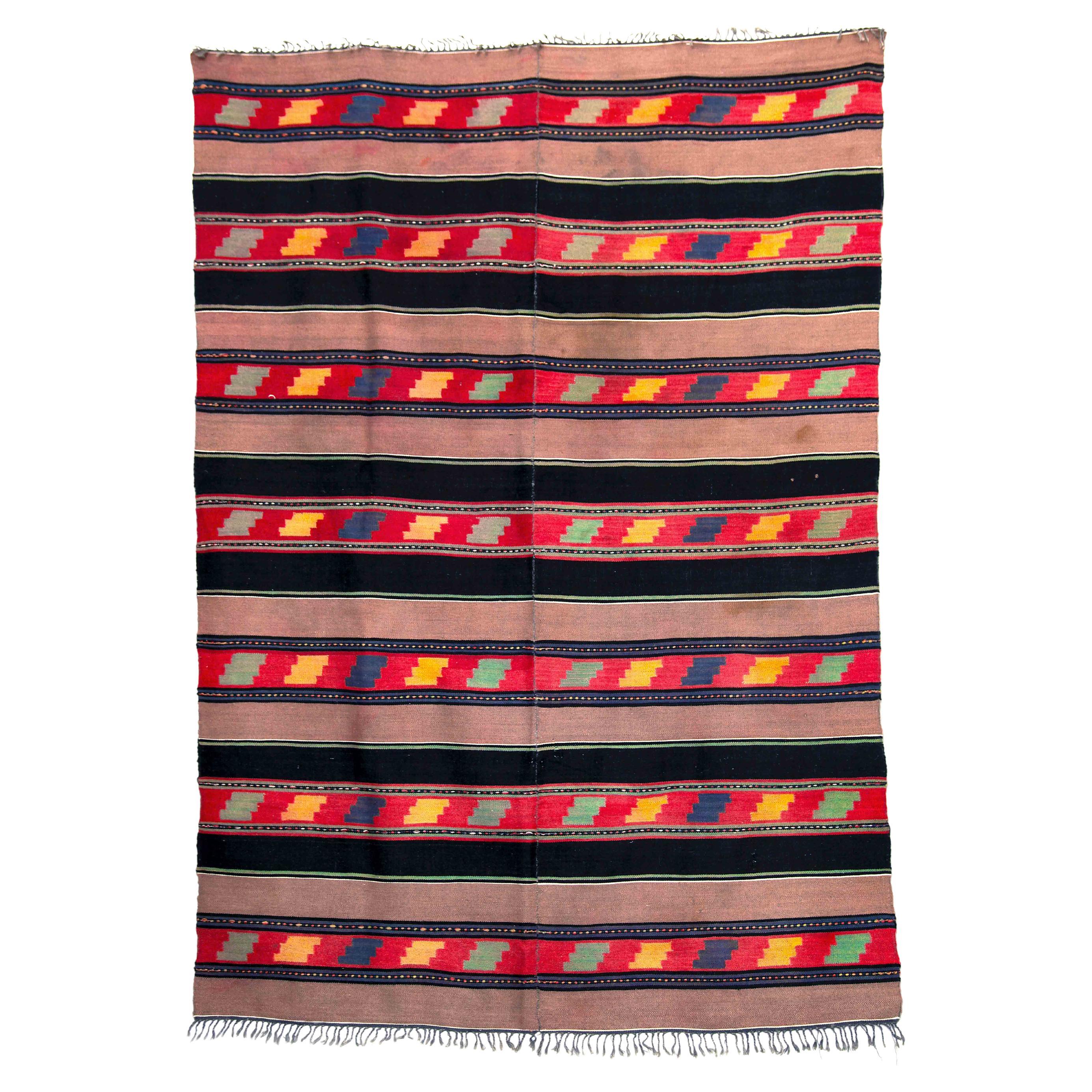 Handmade 1960s Black Red Brown Striped Wool Rug Throw Geometric Designs Vintage  For Sale